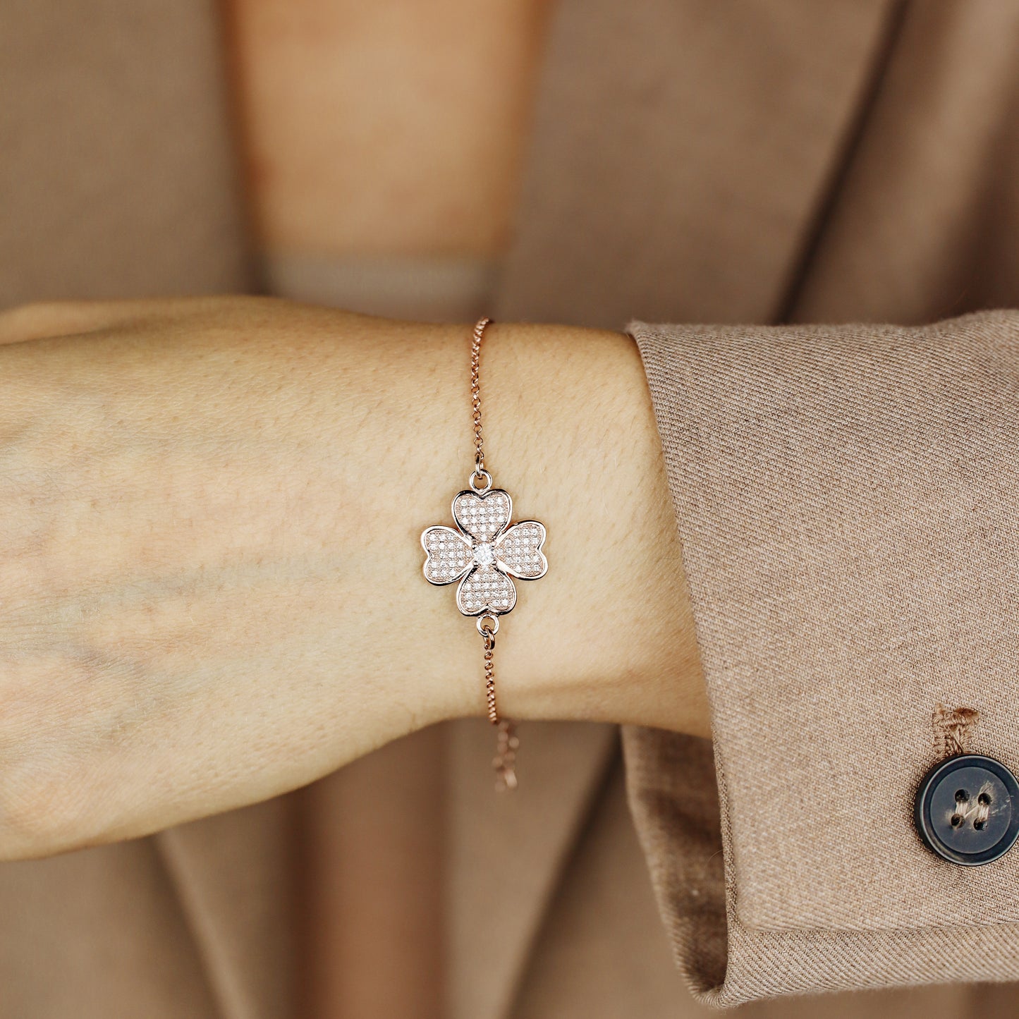 Rose Gold Diamond Pavé Clover Bracelet, Sterling Silver Flower Jewelry, BYSDMJEWELS