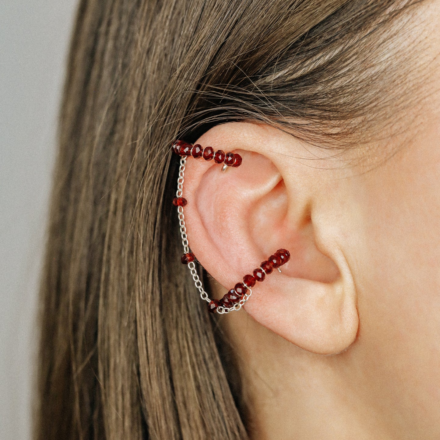 Dainty & Minimalist Cz Conch and Helix Ear Cuff Earrings, Cherry Red Ear Cuff