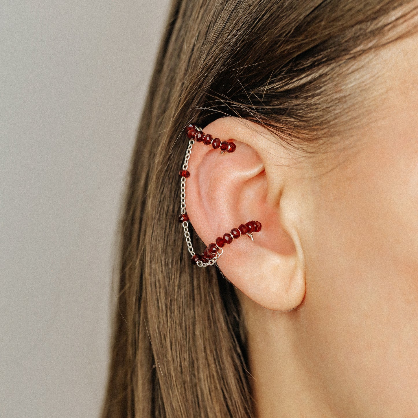 Dainty & Minimalist Cz Conch and Helix Ear Cuff Earrings, Cherry Red Ear Cuff