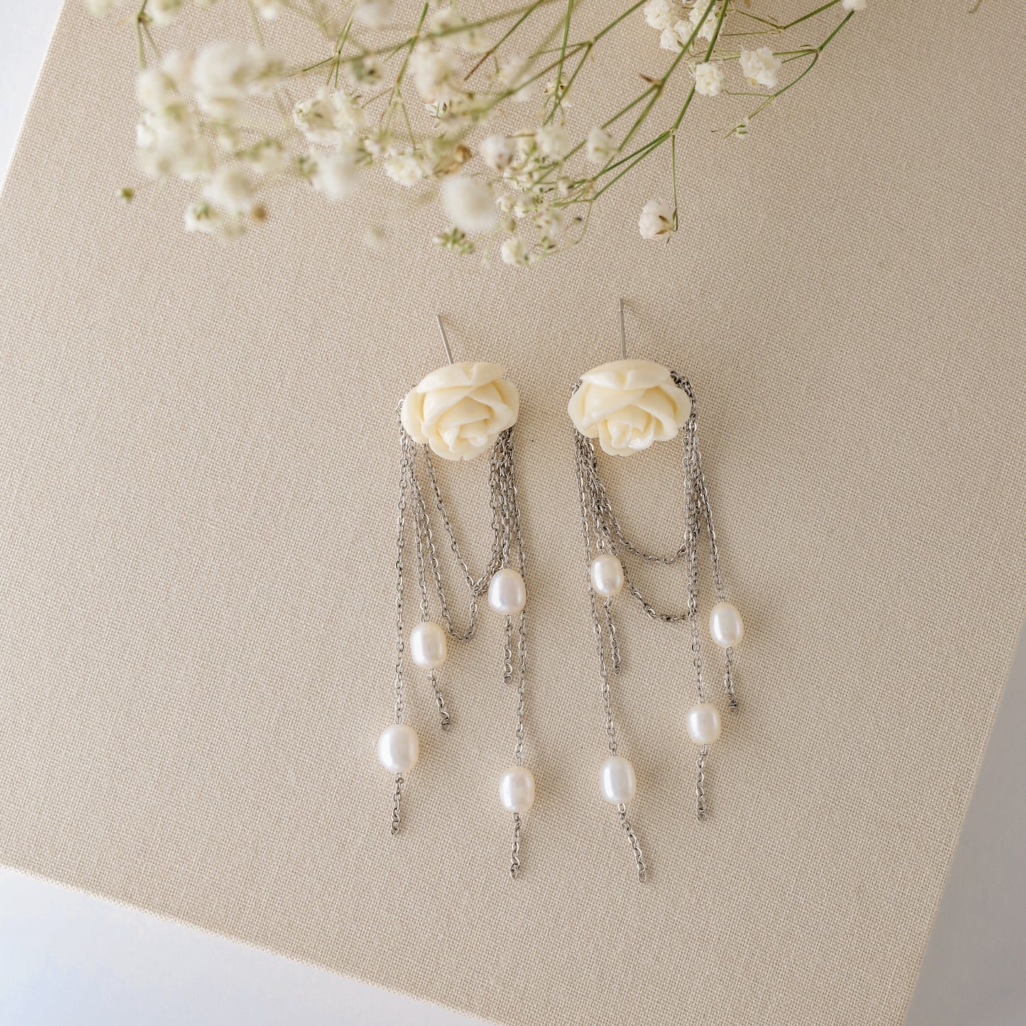 Dainty Pearl Tassel Drop Earrings, Natural Freshwater Pearl Earrings, Flower Dangling Pearl Earrings, Bridesmaid Gift, Mother's day