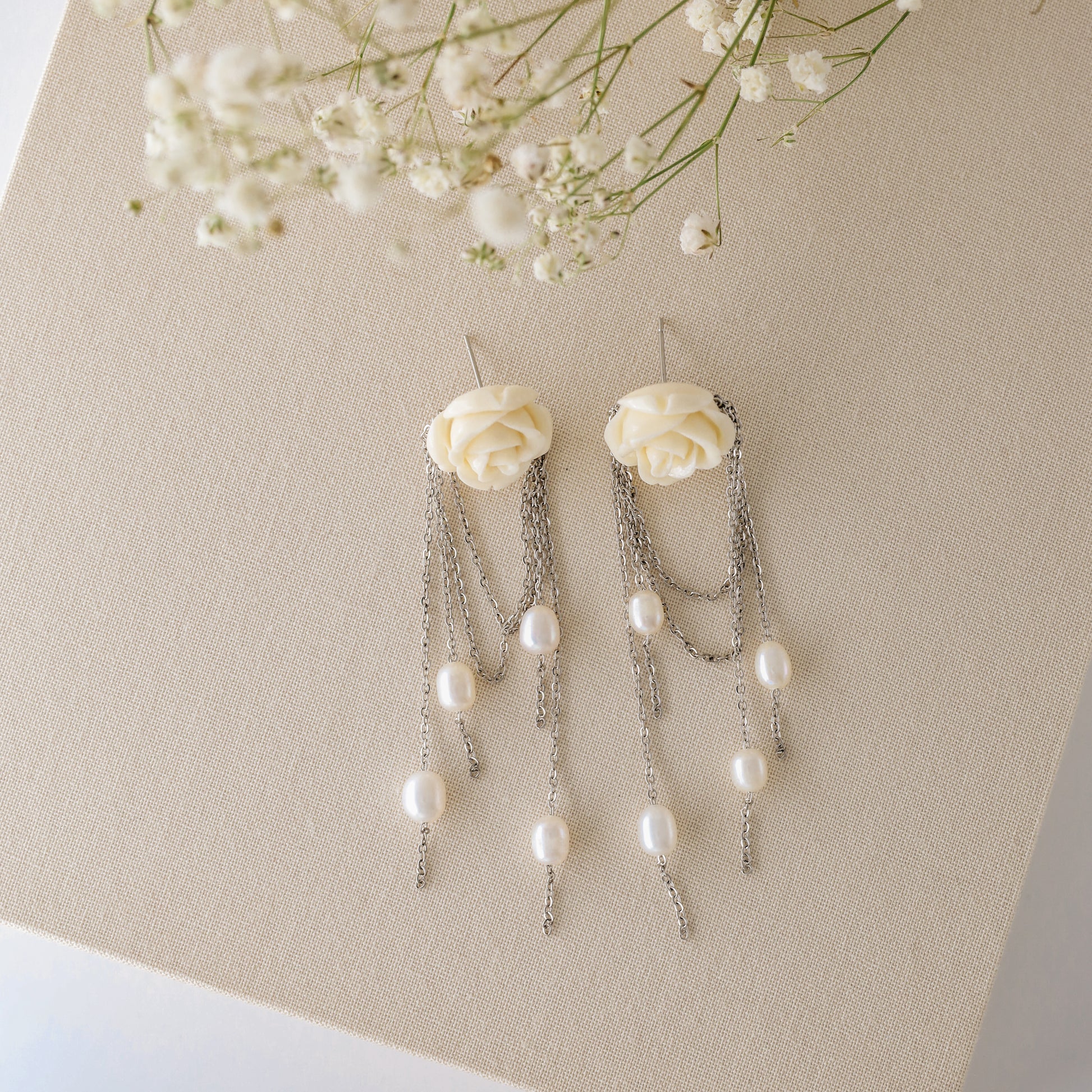Dainty Pearl Tassel Drop Earrings, Natural Freshwater Pearl Earrings, Flower Dangling Pearl Earrings, Bridesmaid Gift, Mother's day