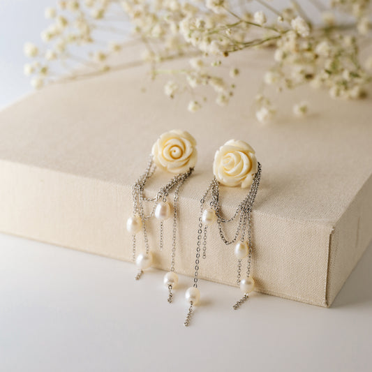 Dainty Pearl Tassel Drop Earrings, Natural Freshwater Pearl Earrings, Flower Dangling Pearl Earrings, Bridesmaid Gift, Mother's day