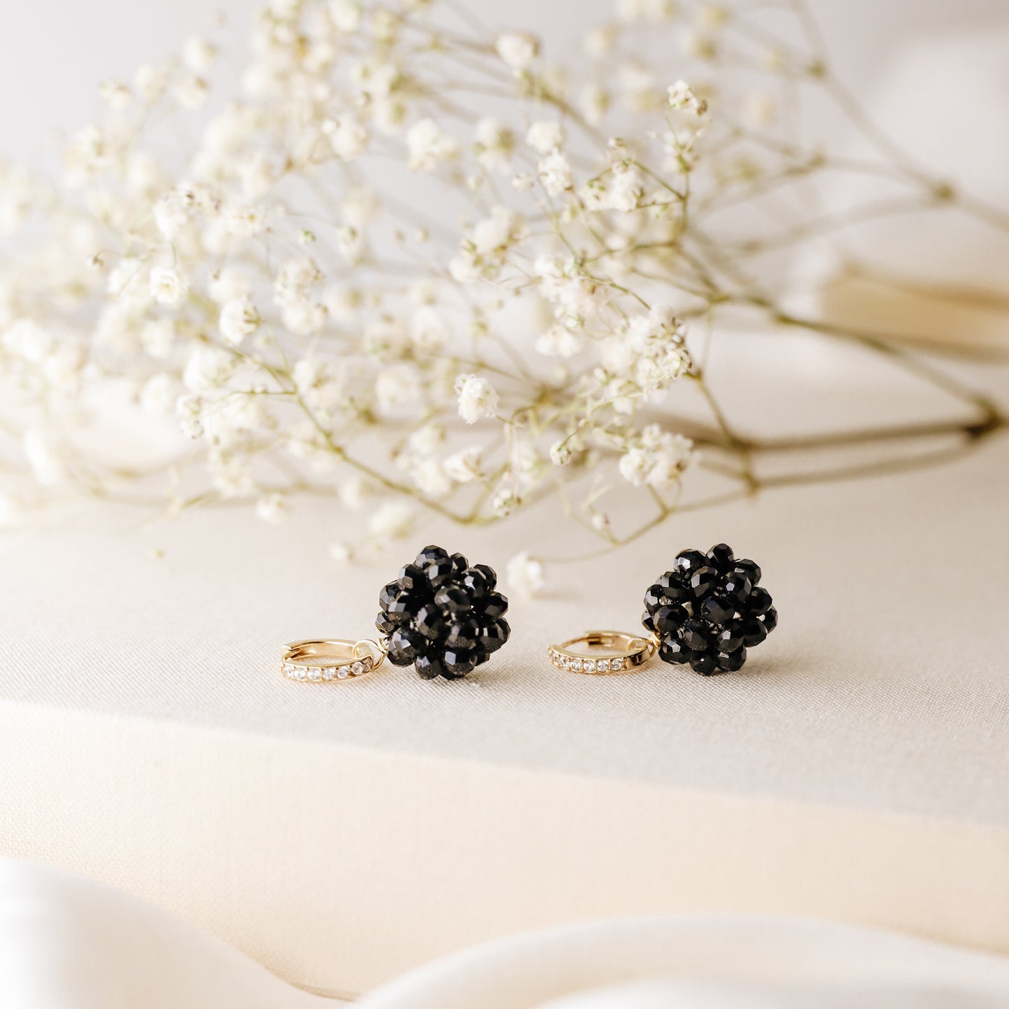 Black Beaded Ball Hoop Earrings Gold Huggie Hoop Earrings With Ball Charm Minimalist Hoops Black Crystal Ball Charm Earrings
