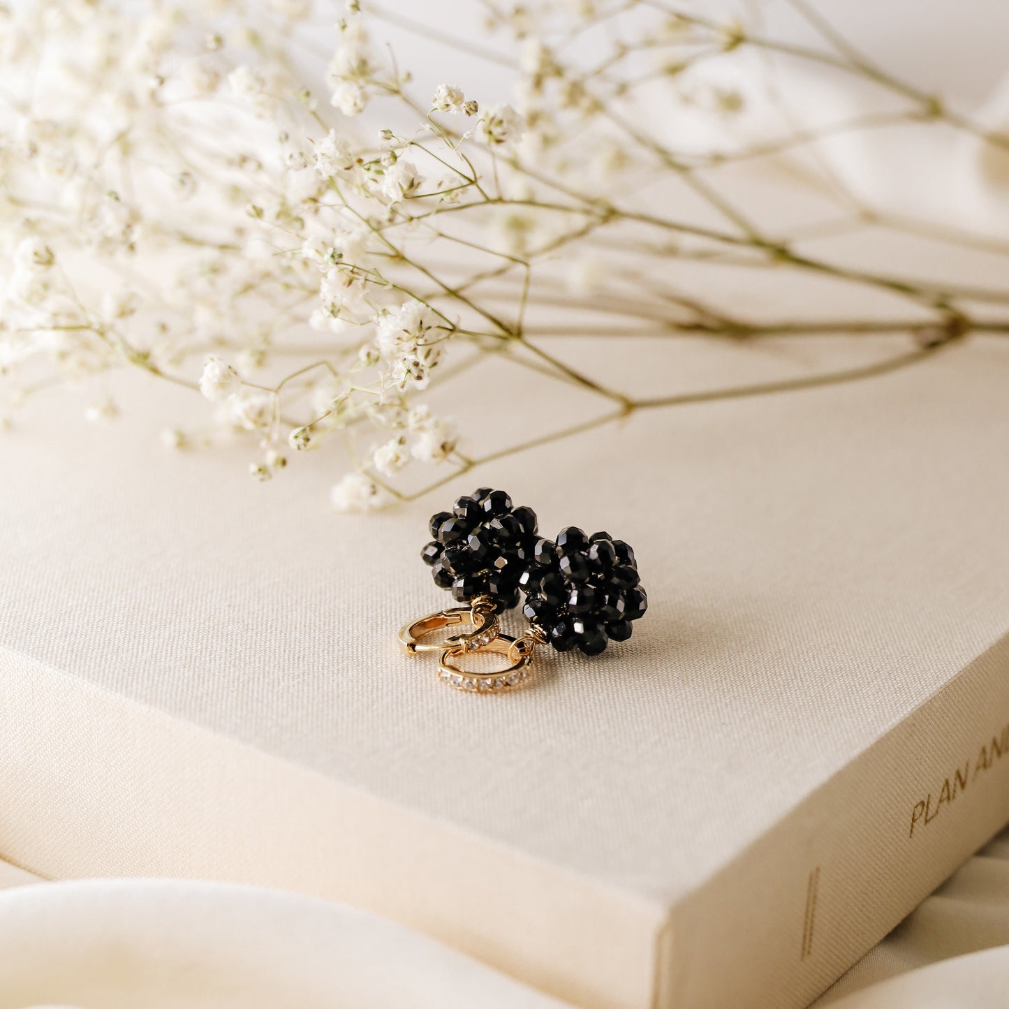 Black Beaded Ball Hoop Earrings Gold Huggie Hoop Earrings With Ball Charm Minimalist Hoops Black Crystal Ball Charm Earrings