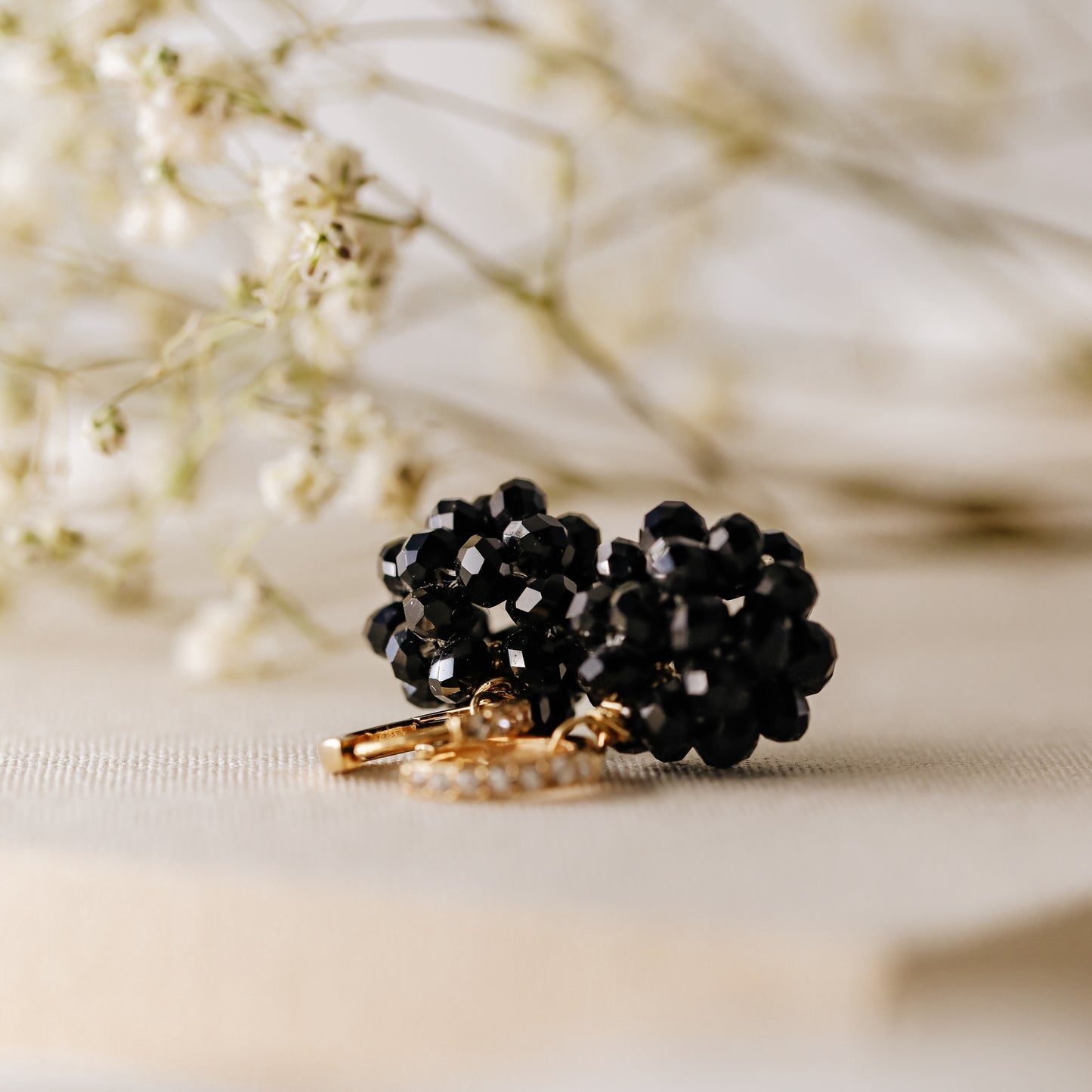 Black Beaded Ball Hoop Earrings Gold Huggie Hoop Earrings With Ball Charm Minimalist Hoops Black Crystal Ball Charm Earrings