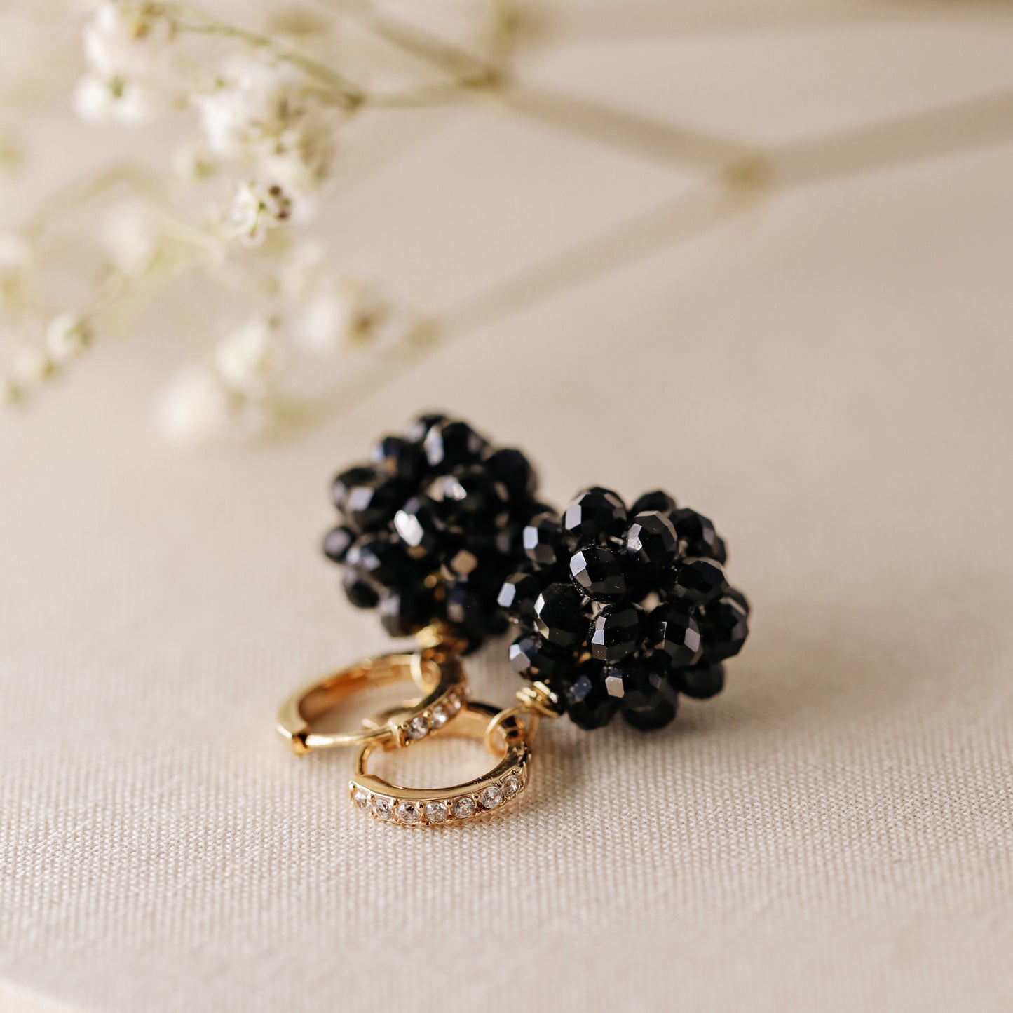 Black Beaded Ball Hoop Earrings Gold Huggie Hoop Earrings With Ball Charm Minimalist Hoops Black Crystal Ball Charm Earrings