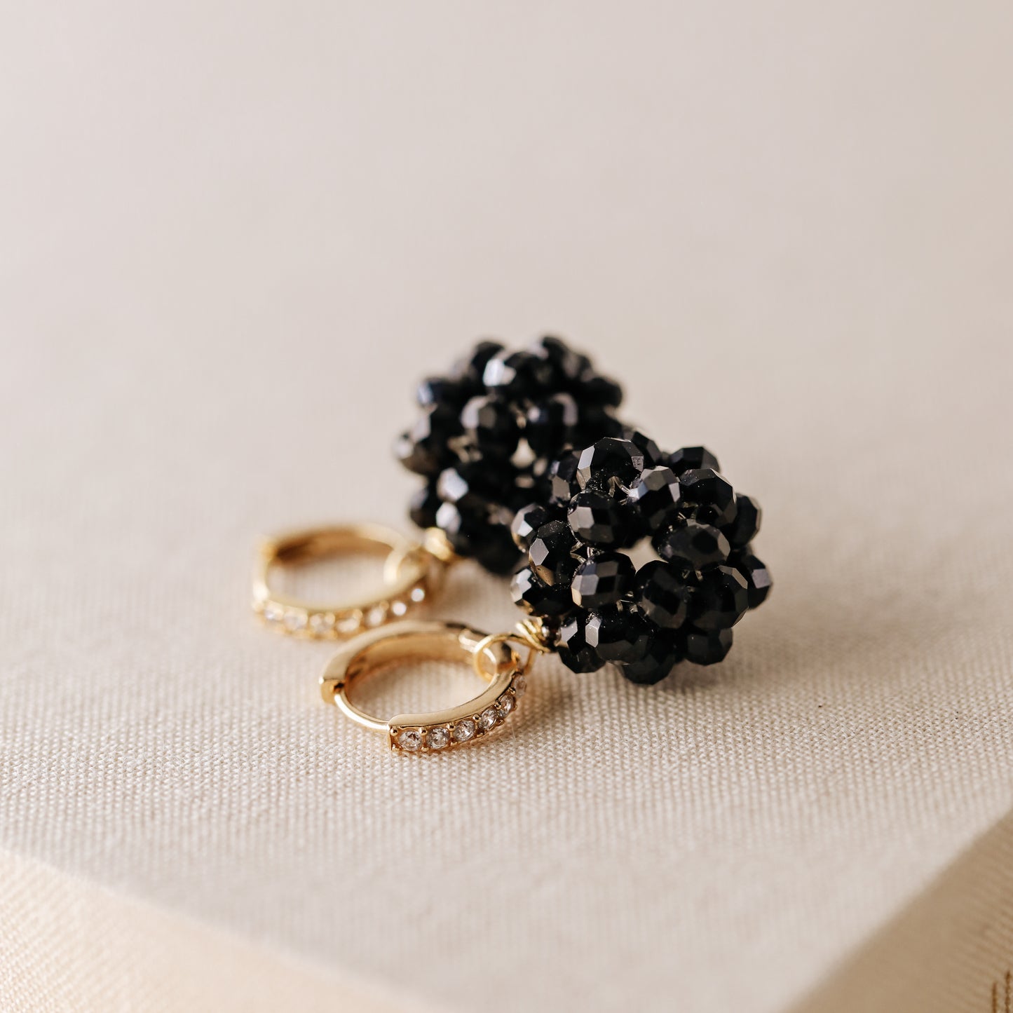 Black Beaded Ball Hoop Earrings Gold Huggie Hoop Earrings With Ball Charm Minimalist Hoops Black Crystal Ball Charm Earrings