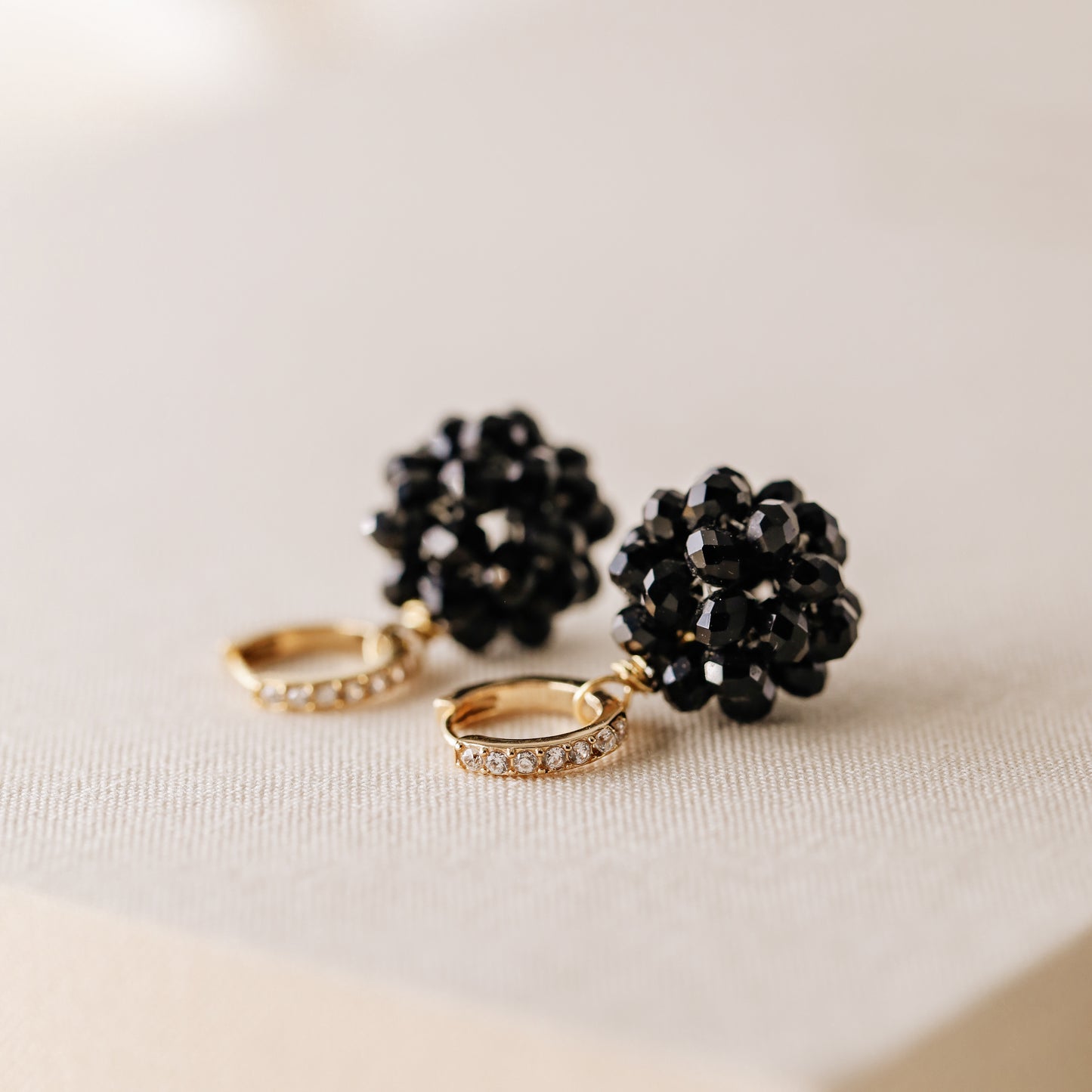 Black Beaded Ball Hoop Earrings Gold Huggie Hoop Earrings With Ball Charm Minimalist Hoops Black Crystal Ball Charm Earrings