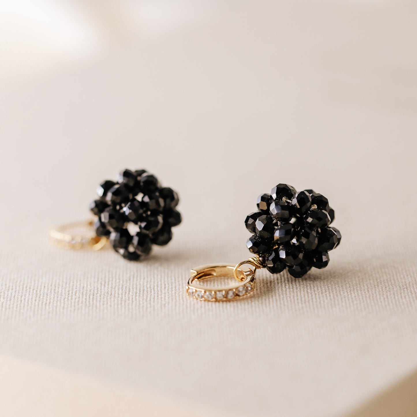 Black Beaded Ball Hoop Earrings Gold Huggie Hoop Earrings With Ball Charm Minimalist Hoops Black Crystal Ball Charm Earrings