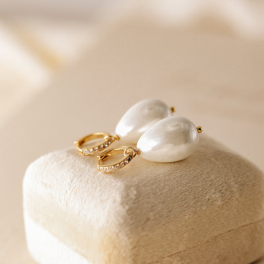 Pearl Tear Drop Hoops , Dangling Pearl Earrings, Gold Huggie Earrings, Bridal Jewelry, Dainty Gift for Mom