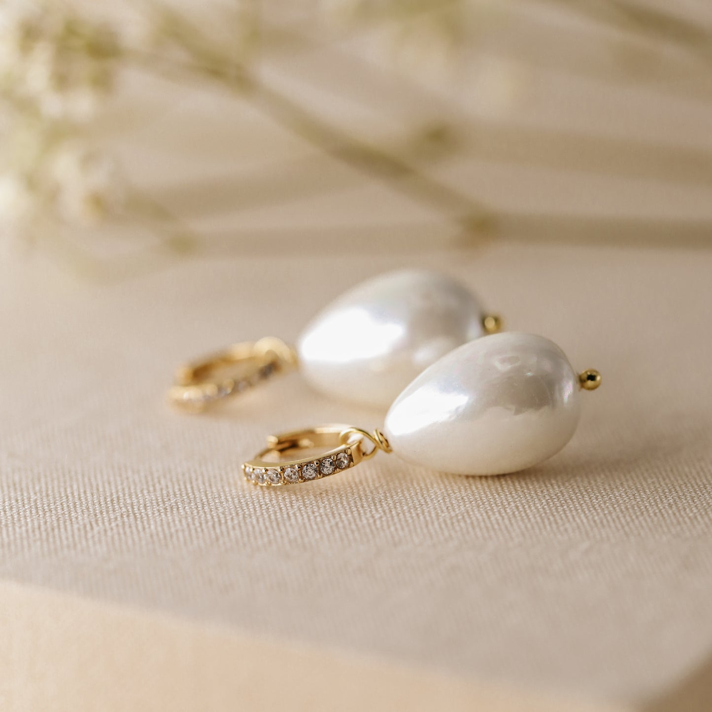 Pearl Tear Drop Hoops , Dangling Pearl Earrings, Gold Huggie Earrings, Bridal Jewelry, Dainty Gift for Mom