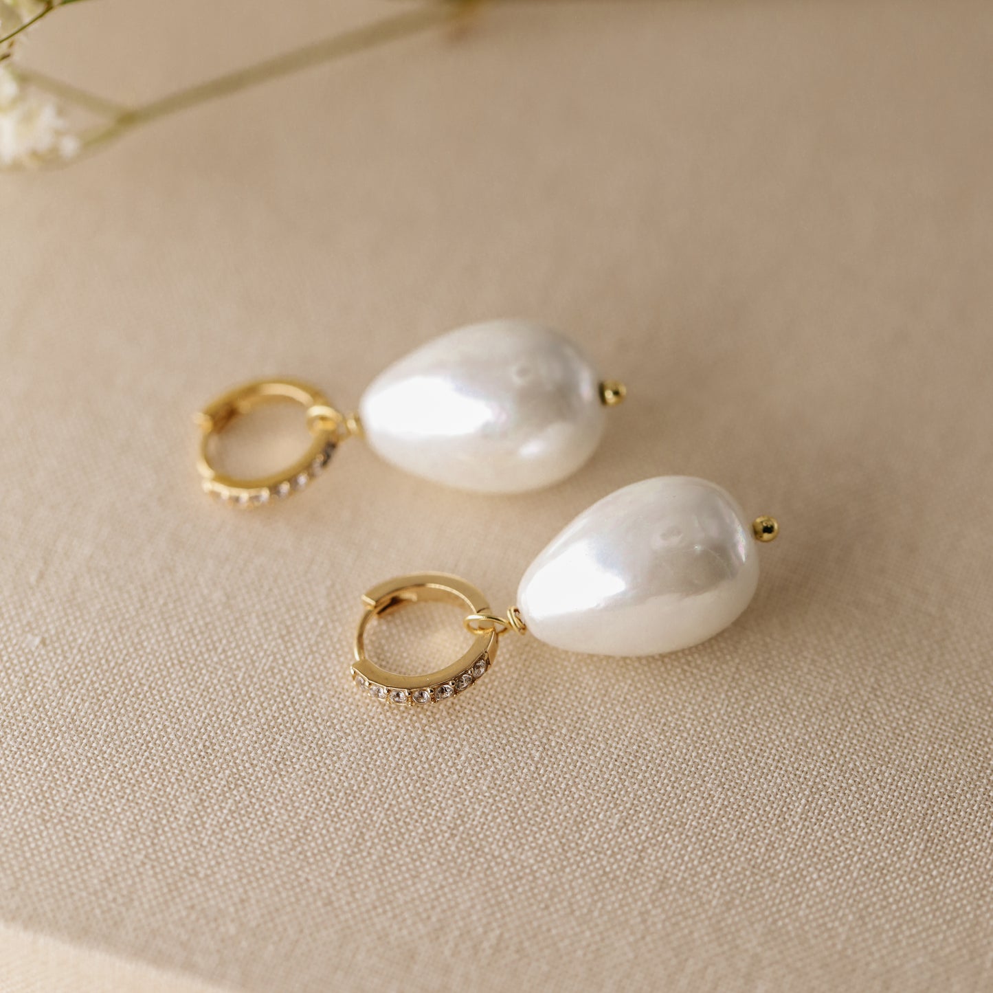 Pearl Tear Drop Hoops , Dangling Pearl Earrings, Gold Huggie Earrings, Bridal Jewelry, Dainty Gift for Mom