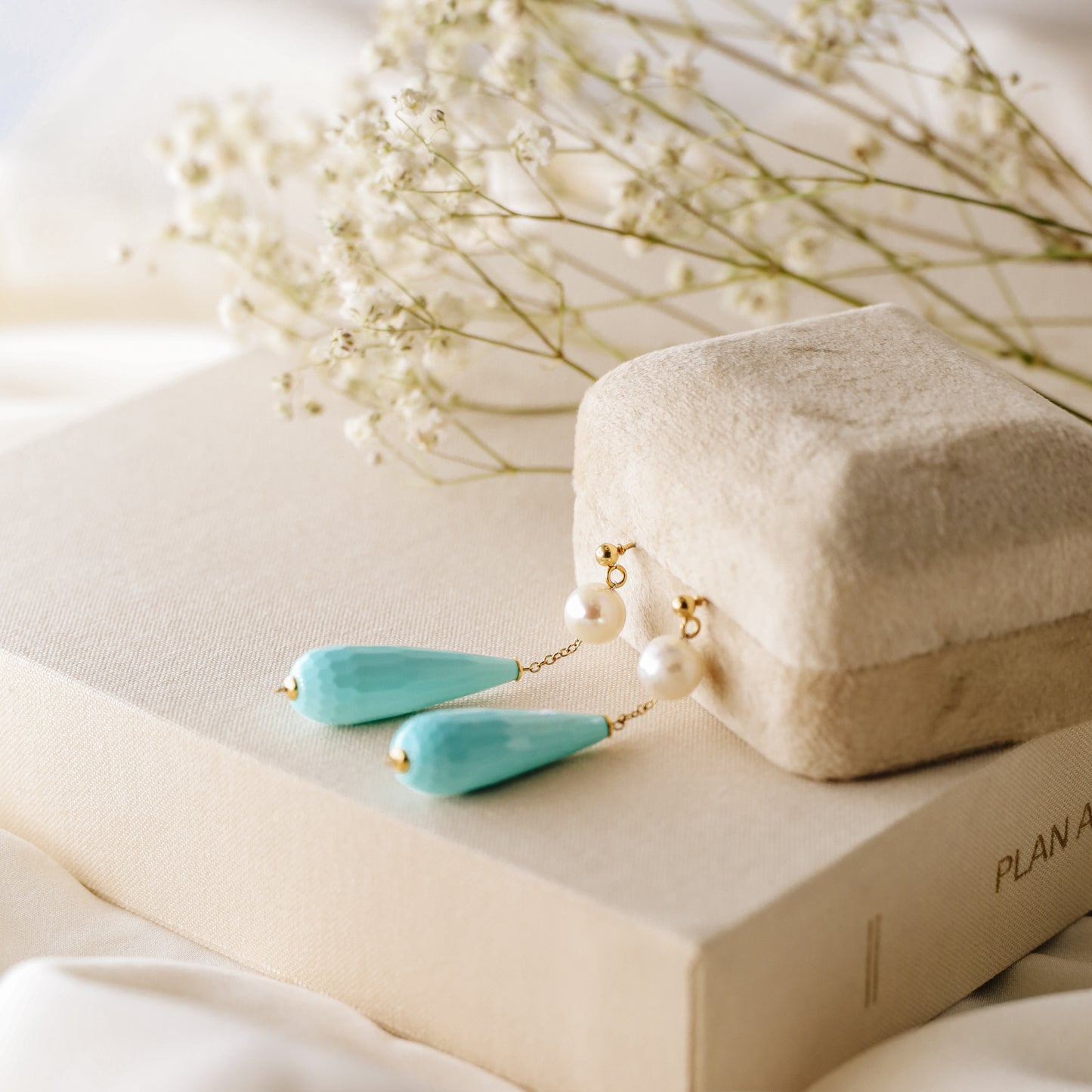 Pearl Earrings Drop Turquoise Earrings Long Pearl Earrings Light Blue Jewelry Dangle Pearl Earrings Mother's Day Gift