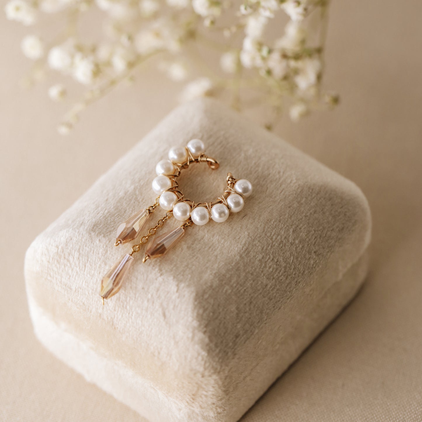 Dainty Pearl Ear Cuffs, Gold Filled Ear Climbers, Crystals and Pearls Tassel Ear Cuff, No Piercing Ear Wrap, Pearl Dangle Ear Cuffs