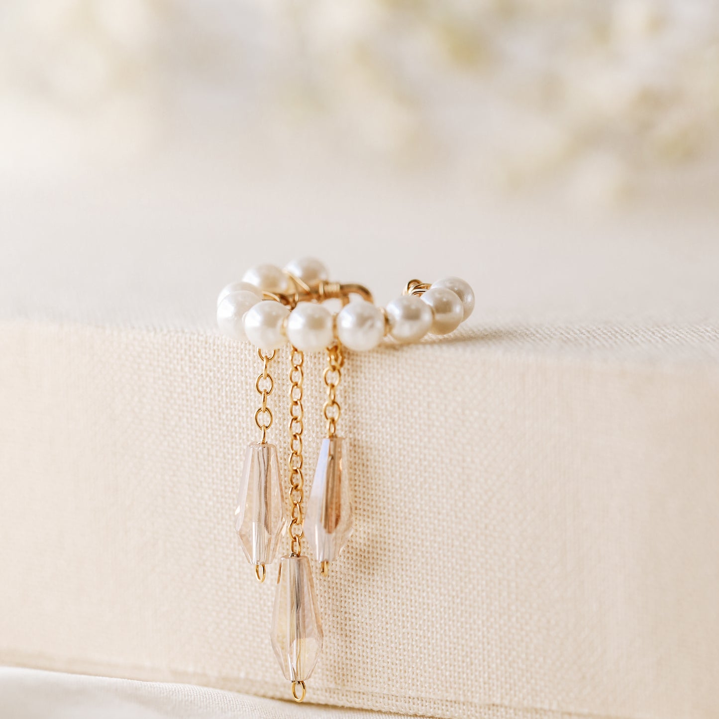 Dainty Pearl Ear Cuffs, Gold Filled Ear Climbers, Crystals and Pearls Tassel Ear Cuff, No Piercing Ear Wrap, Pearl Dangle Ear Cuffs