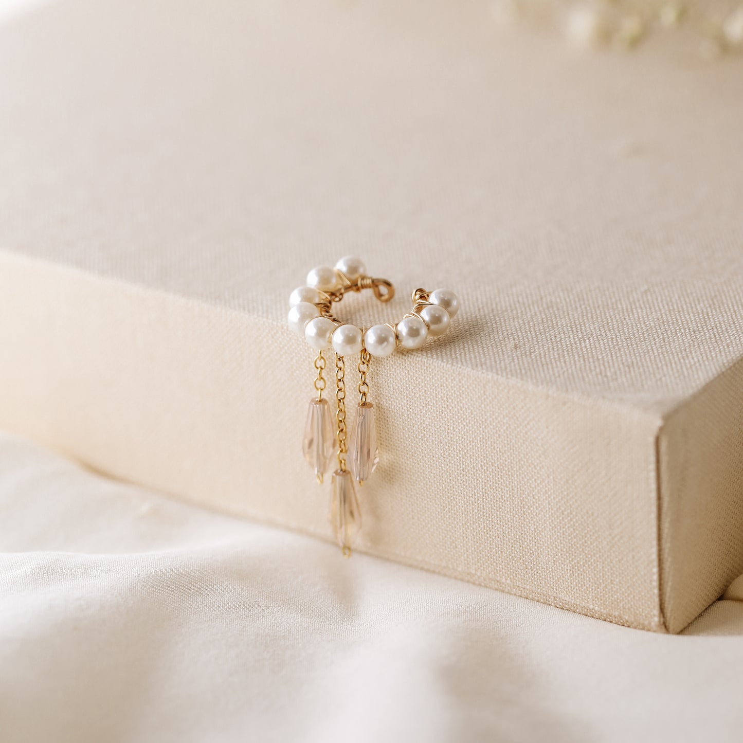 Dainty Pearl Ear Cuffs, Gold Filled Ear Climbers, Crystals and Pearls Tassel Ear Cuff, No Piercing Ear Wrap, Pearl Dangle Ear Cuffs