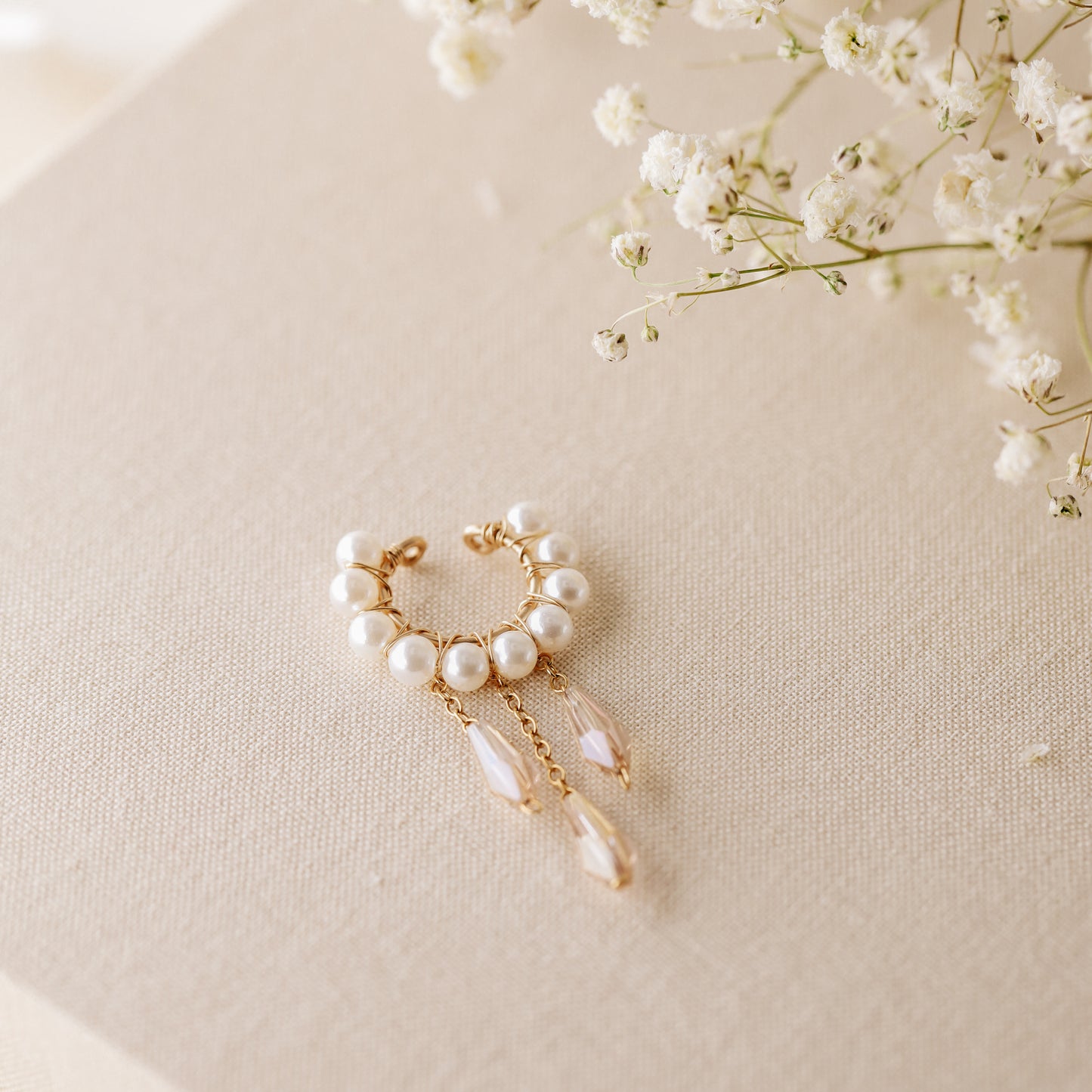 Dainty Pearl Ear Cuffs, Gold Filled Ear Climbers, Crystals and Pearls Tassel Ear Cuff, No Piercing Ear Wrap, Pearl Dangle Ear Cuffs