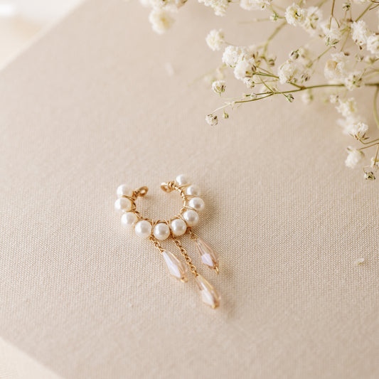 Dainty Pearl Ear Cuffs, Gold Filled Ear Climbers, Crystals and Pearls Tassel Ear Cuff, No Piercing Ear Wrap, Pearl Dangle Ear Cuffs