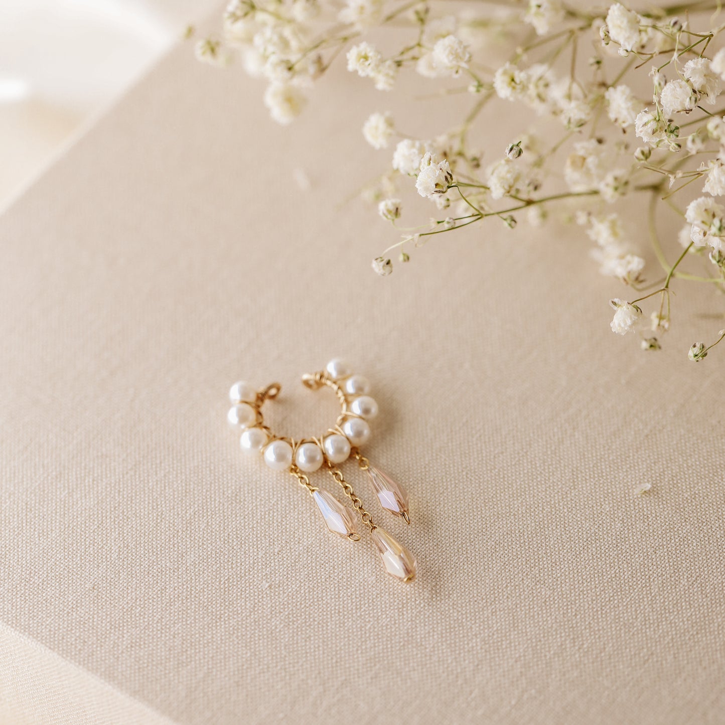 Dainty Pearl Ear Cuffs, Gold Filled Ear Climbers, Crystals and Pearls Tassel Ear Cuff, No Piercing Ear Wrap, Pearl Dangle Ear Cuffs