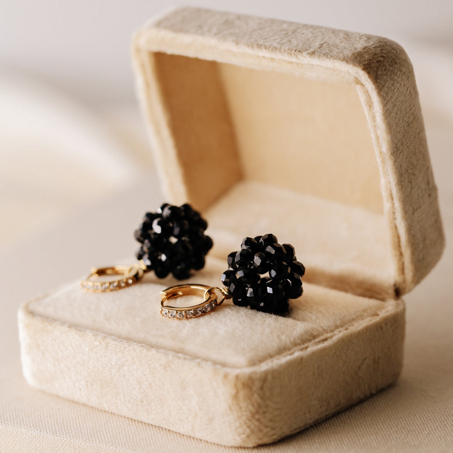 Black Beaded Ball Hoop Earrings Gold Huggie Hoop Earrings With Ball Charm Minimalist Hoops Black Crystal Ball Charm Earrings