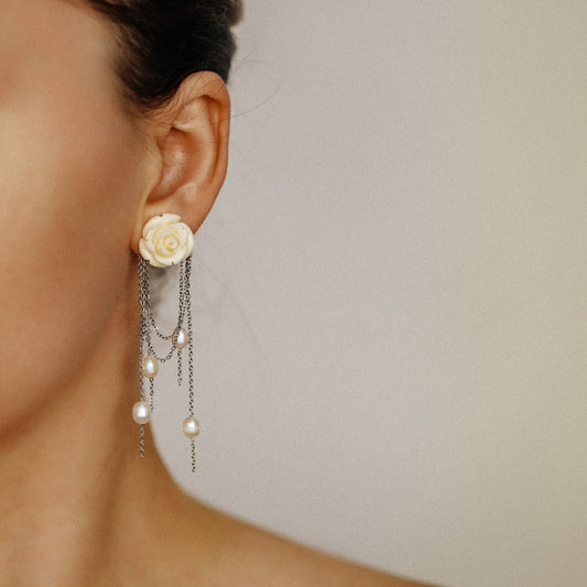 Dainty Pearl Tassel Drop Earrings, Natural Freshwater Pearl Earrings, Flower Dangling Pearl Earrings, Bridesmaid Gift, Mother's day