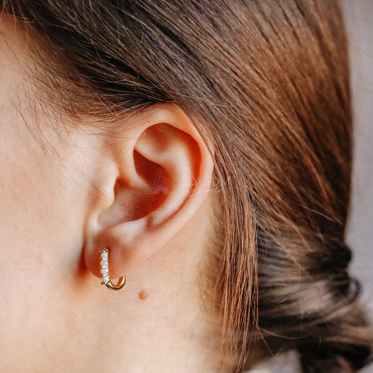 Tiny Gold Opal U Earrings • Oval Hoop Huggie Earrings • BYSDMJEWELS