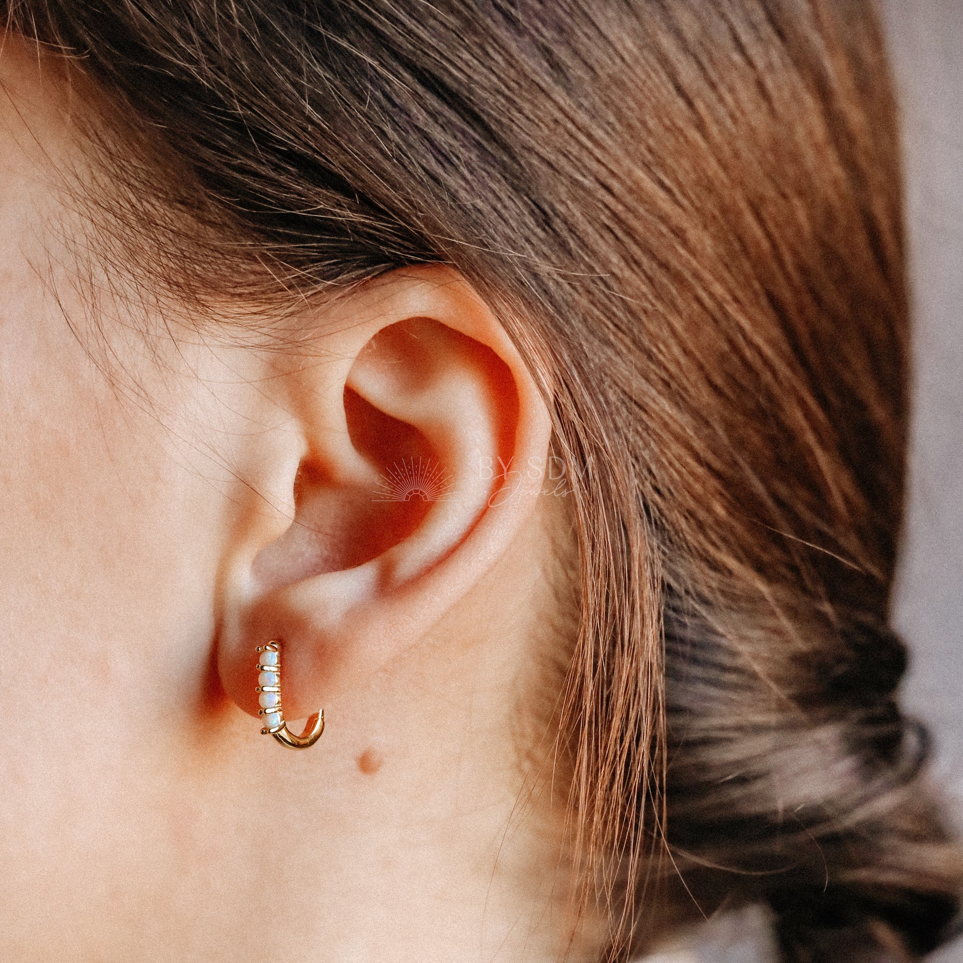 Tiny Gold Opal U Earrings • Oval Hoop Huggie Earrings • BYSDMJEWELS
