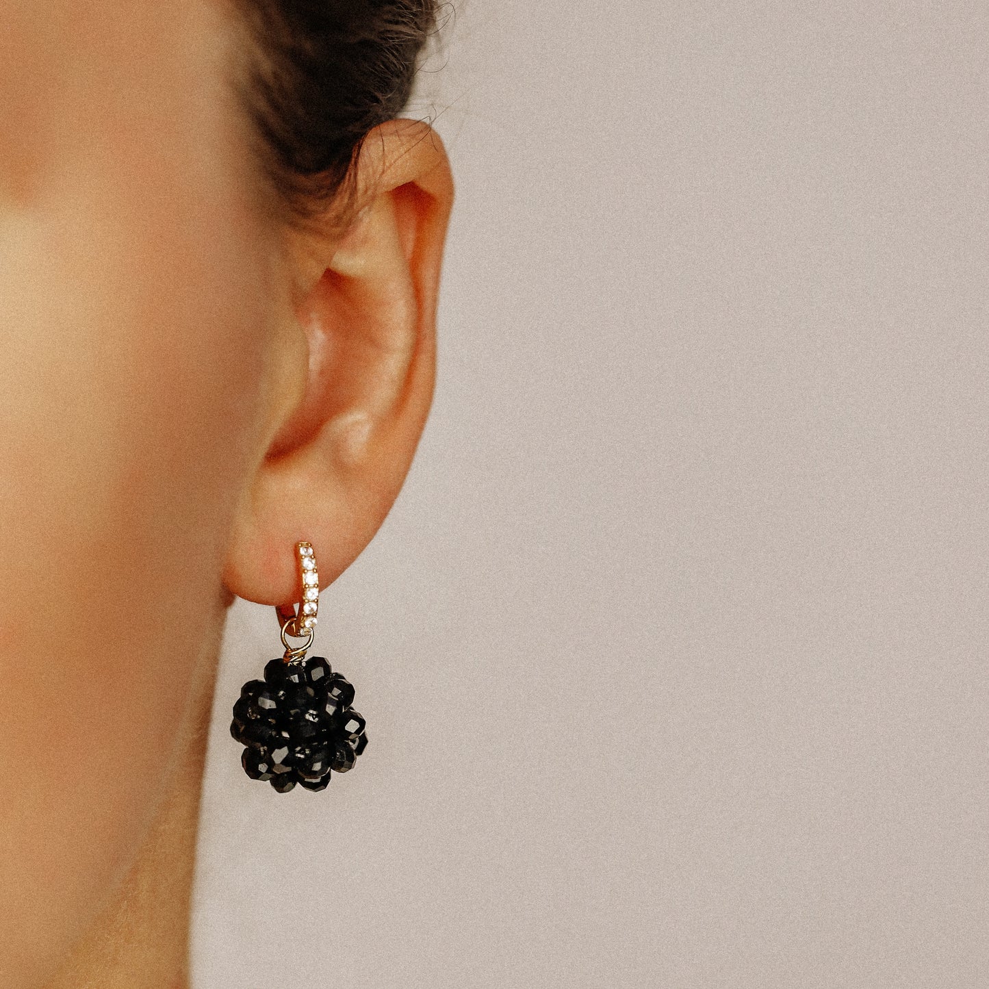 Black Beaded Ball Hoop Earrings Gold Huggie Hoop Earrings With Ball Charm Minimalist Hoops Black Crystal Ball Charm Earrings