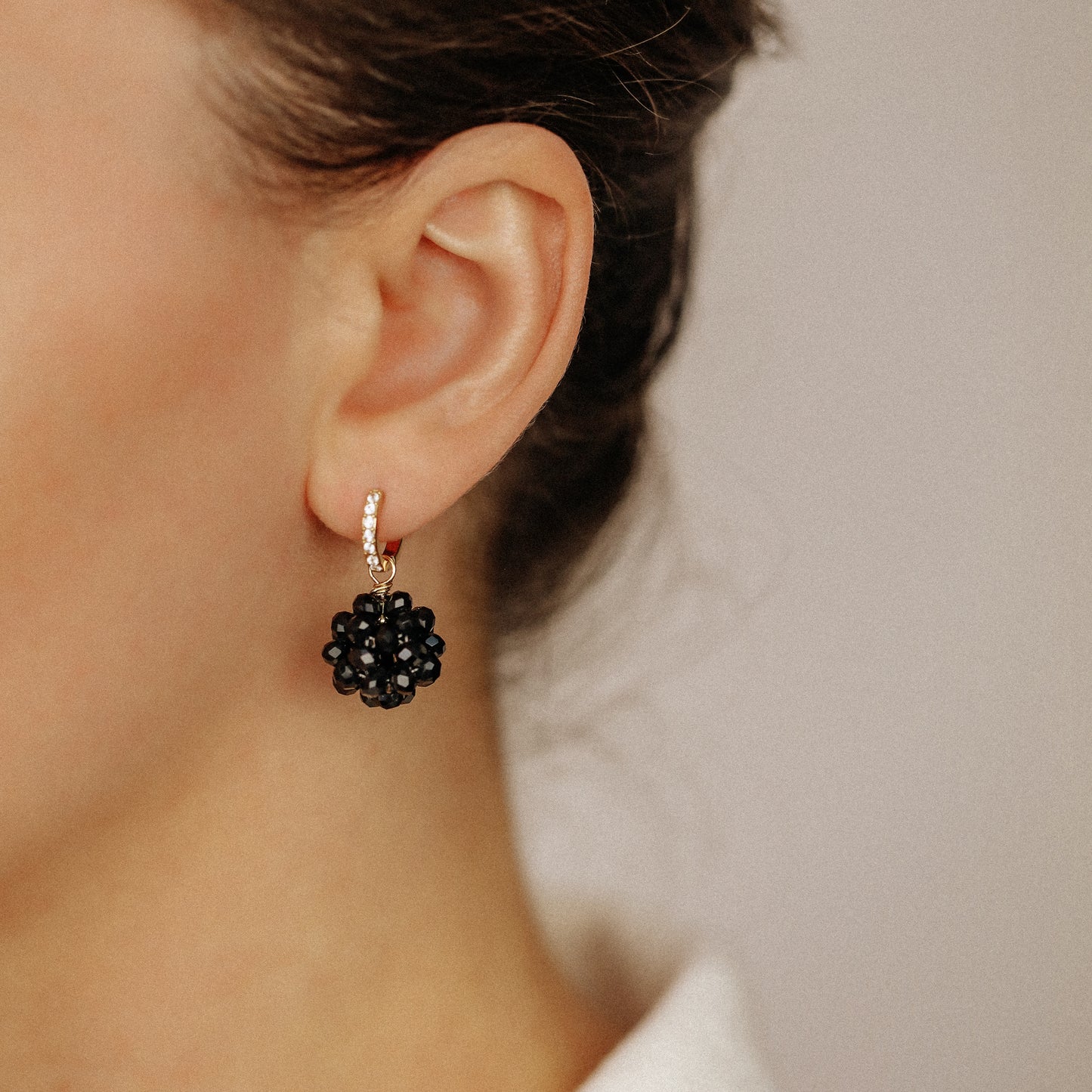 Black Beaded Ball Hoop Earrings Gold Huggie Hoop Earrings With Ball Charm Minimalist Hoops Black Crystal Ball Charm Earrings