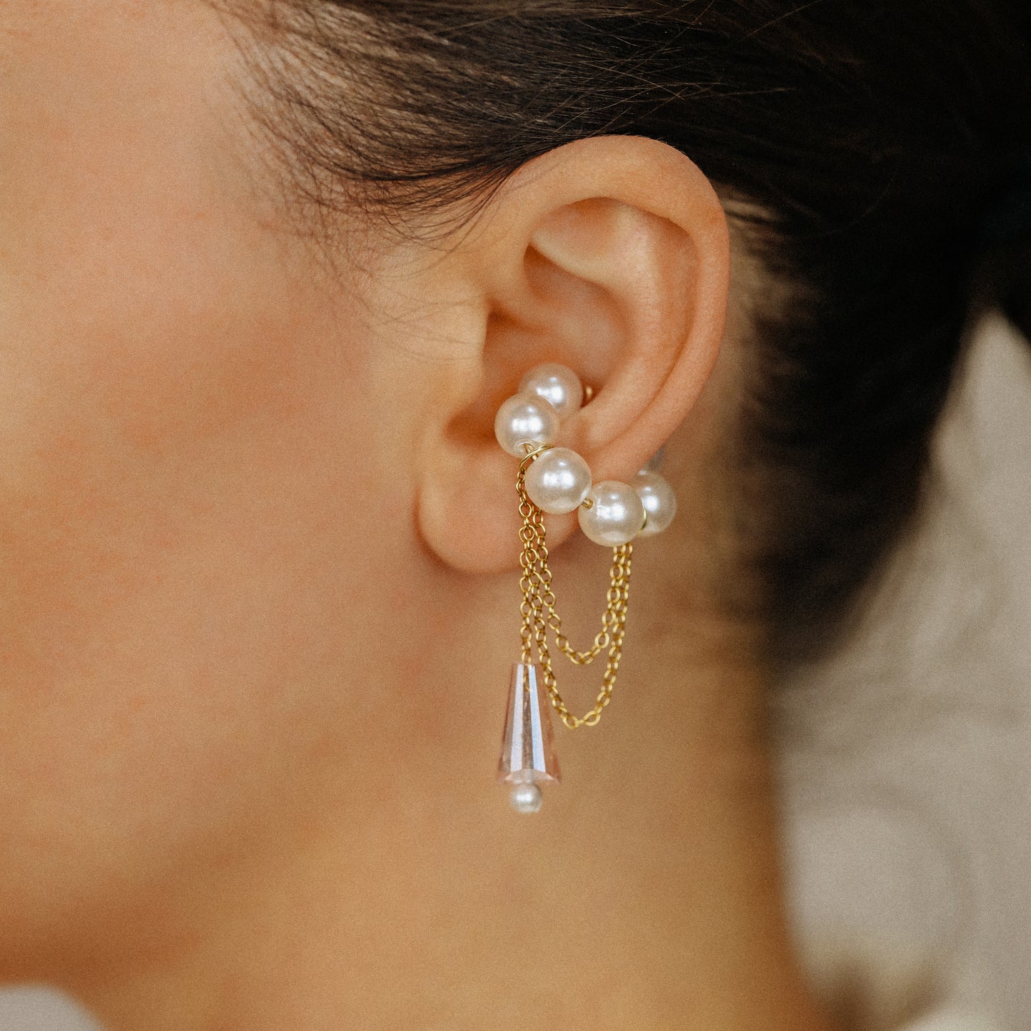 Dainty Pearl Ear Cuffs, Gold Filled Ear Climbers, Crystals and Pearls Tassel Ear Cuff, No Piercing Ear Wrap, Pearl Dangle Ear Cuffs