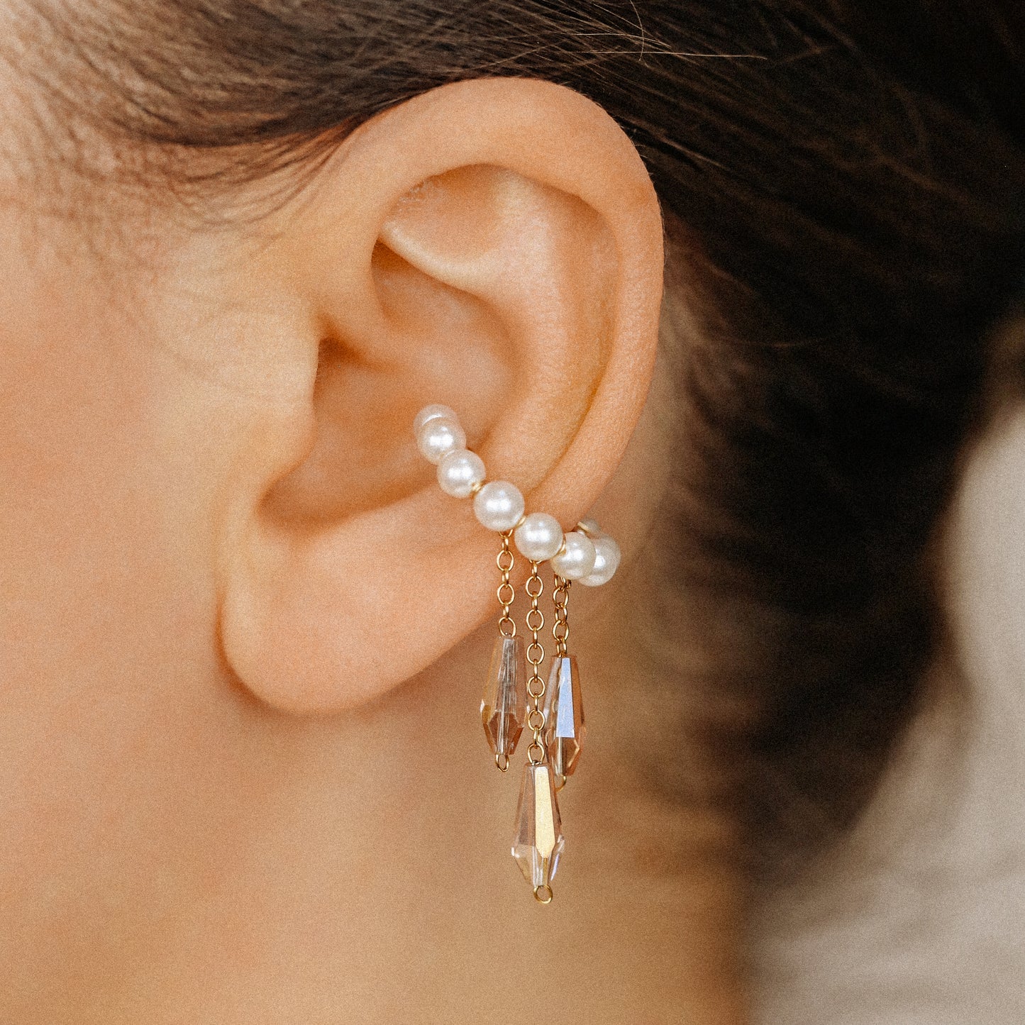 Pearl Ear Cuffs, Gold Filled Ear Climbers, Crystals and Pearls Tassel Ear Cuff, No Piercing Ear Wrap, Pearl Dangle Ear Cuffs