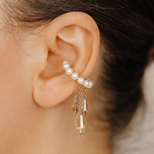 Pearl Ear Cuffs, Gold Filled Ear Climbers, Crystals and Pearls Tassel Ear Cuff, No Piercing Ear Wrap, Pearl Dangle Ear Cuffs