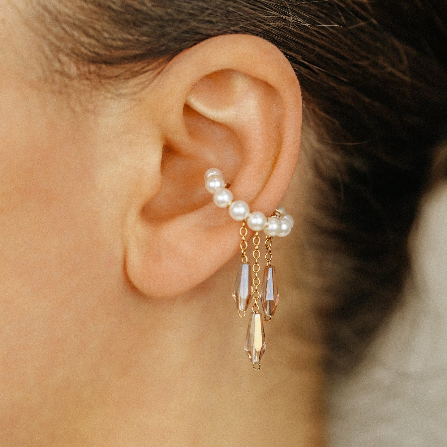 Pearl Ear Cuffs, Gold Filled Ear Climbers, Crystals and Pearls Tassel Ear Cuff, No Piercing Ear Wrap, Pearl Dangle Ear Cuffs