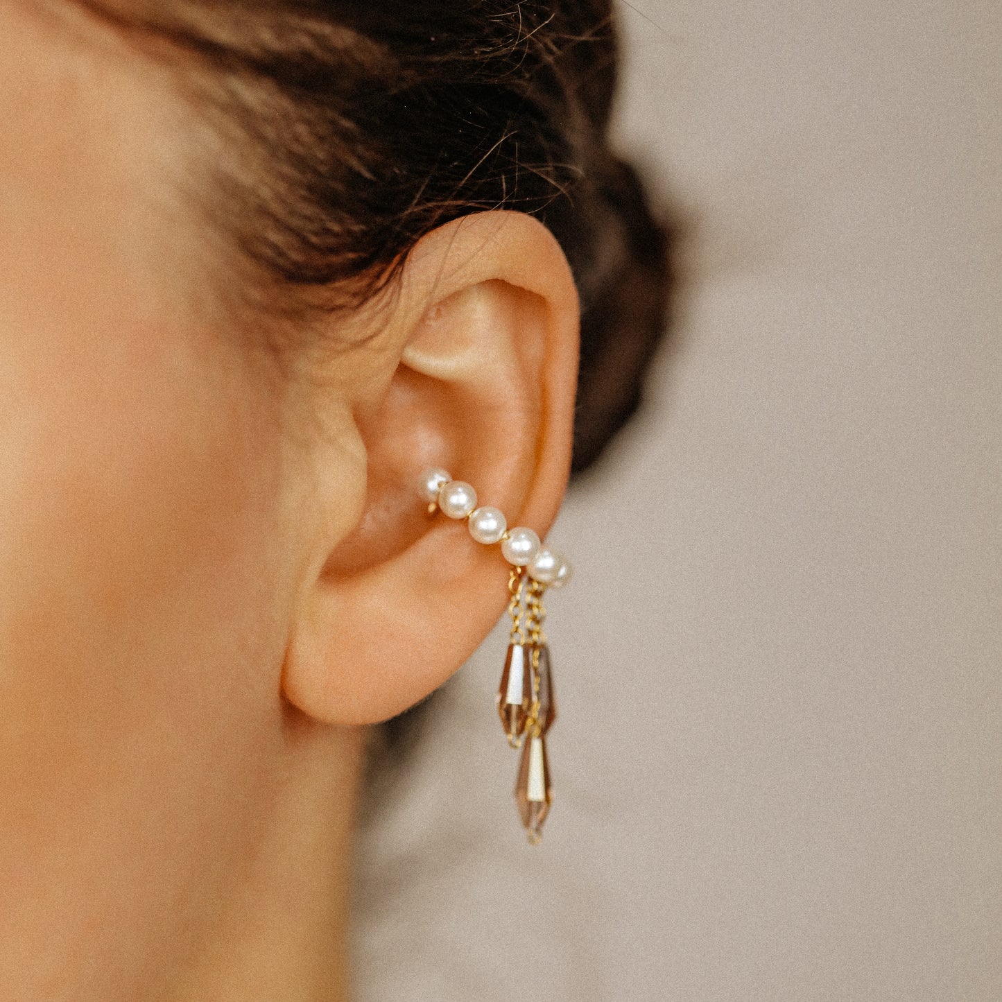 Pearl Ear Cuffs, Gold Filled Ear Climbers, Crystals and Pearls Tassel Ear Cuff, No Piercing Ear Wrap, Pearl Dangle Ear Cuffs