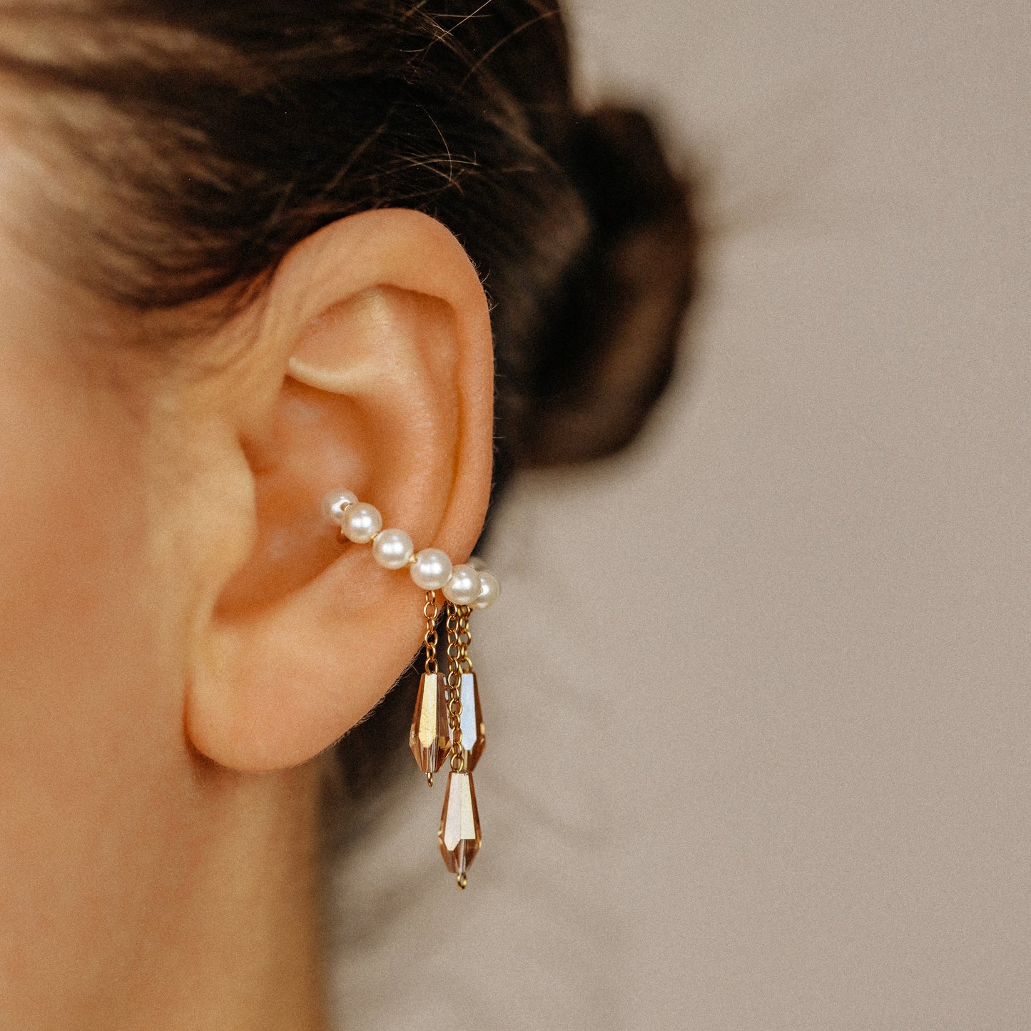 Pearl Ear Cuffs, Gold Filled Ear Climbers, Crystals and Pearls Tassel Ear Cuff, No Piercing Ear Wrap, Pearl Dangle Ear Cuffs