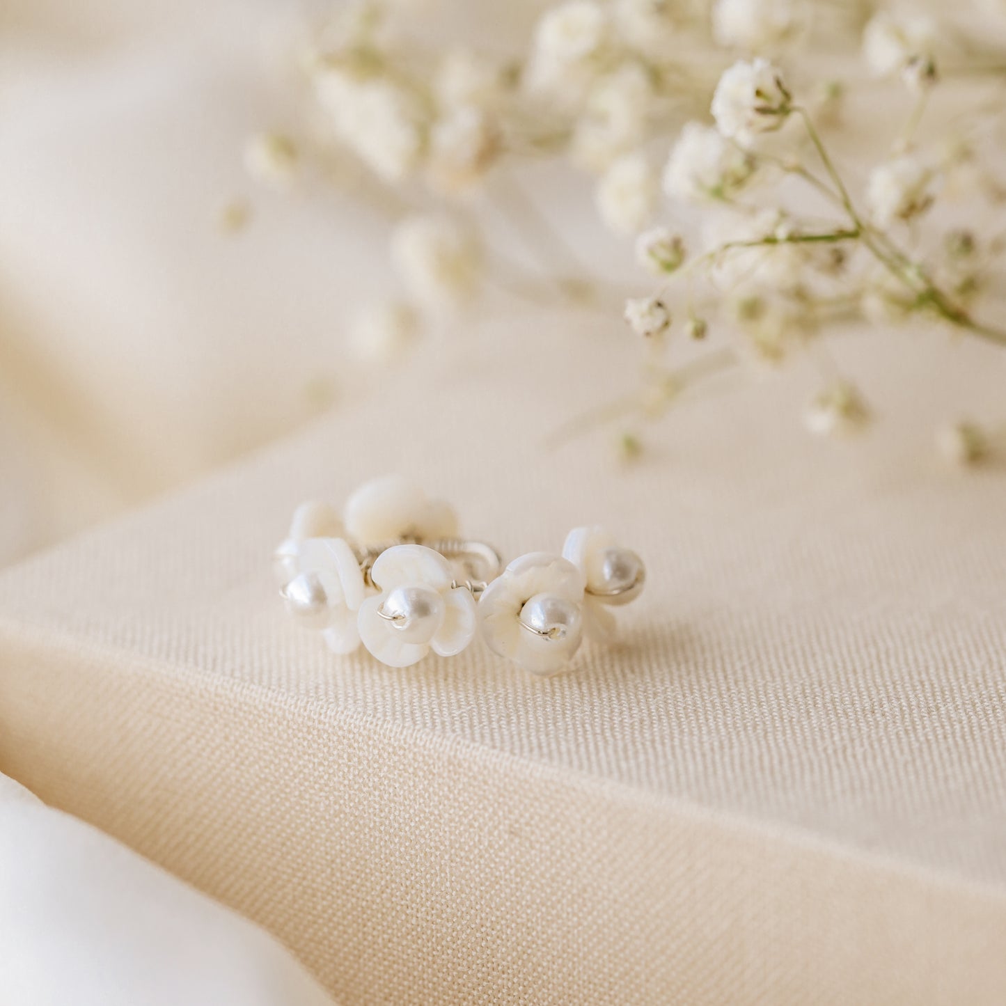 Floral Ear Cuffs, Floral Earrings, Dainty Earrings, Wedding Earrings, Minimalist Earrings, Mother of Pearl Earrings