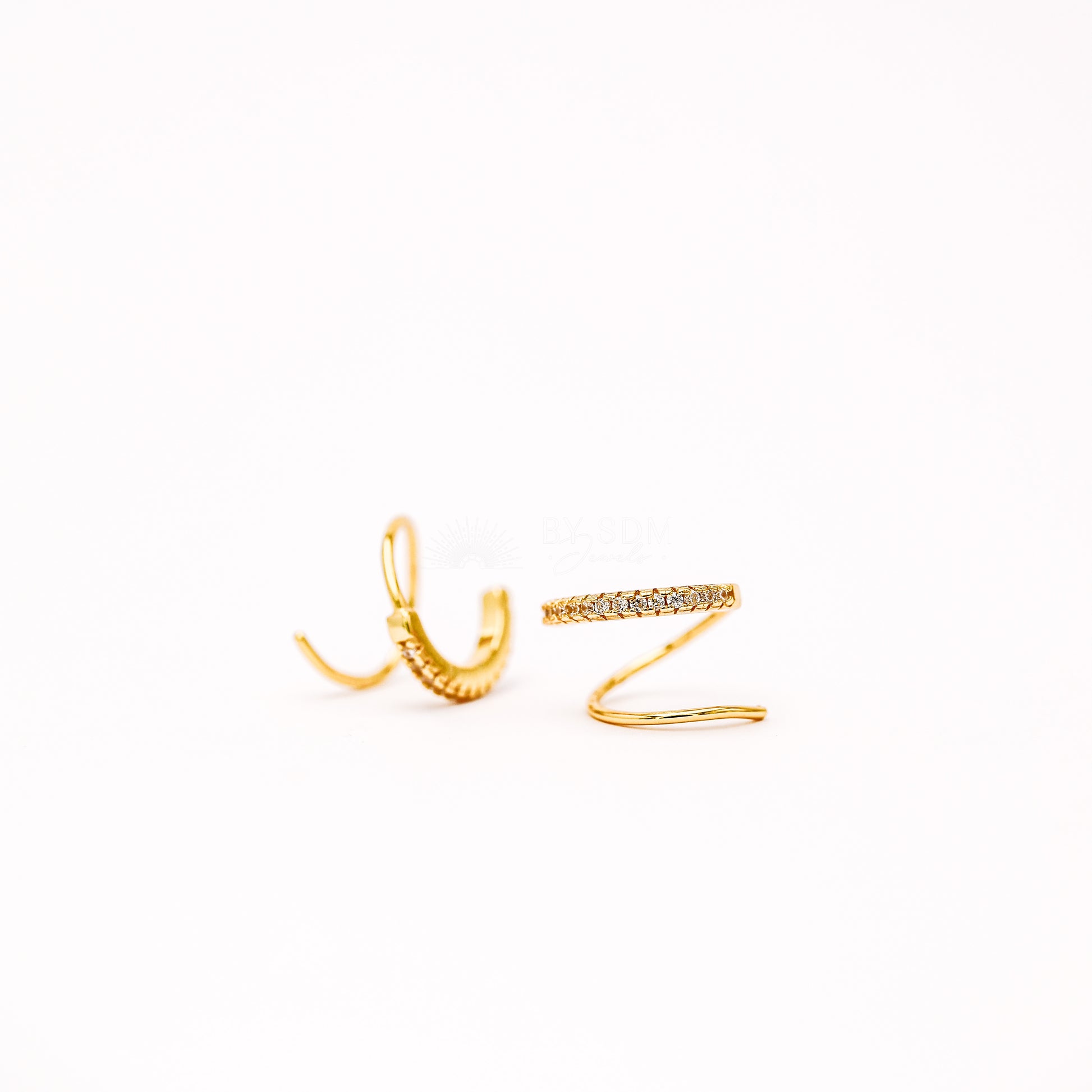 Double Hoop Earrings • Only 1 Piercing needed • Paved Spiral Earrings, Gold • BYSDMJEWELS