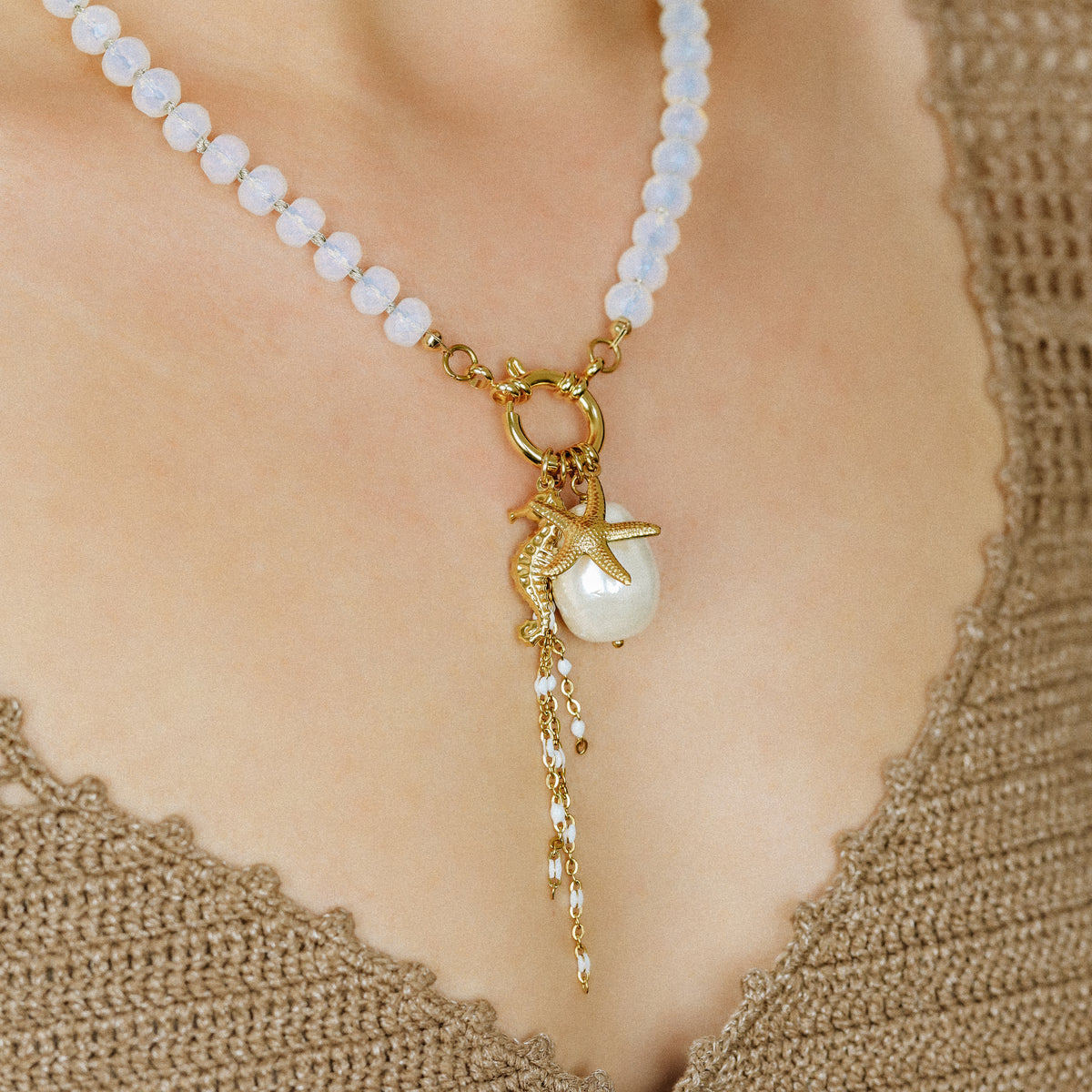 Beaded Multi Charm Baroque Pearl, Gold Seahorse, Starfish Charms necklace, Boho Summer Jewelry