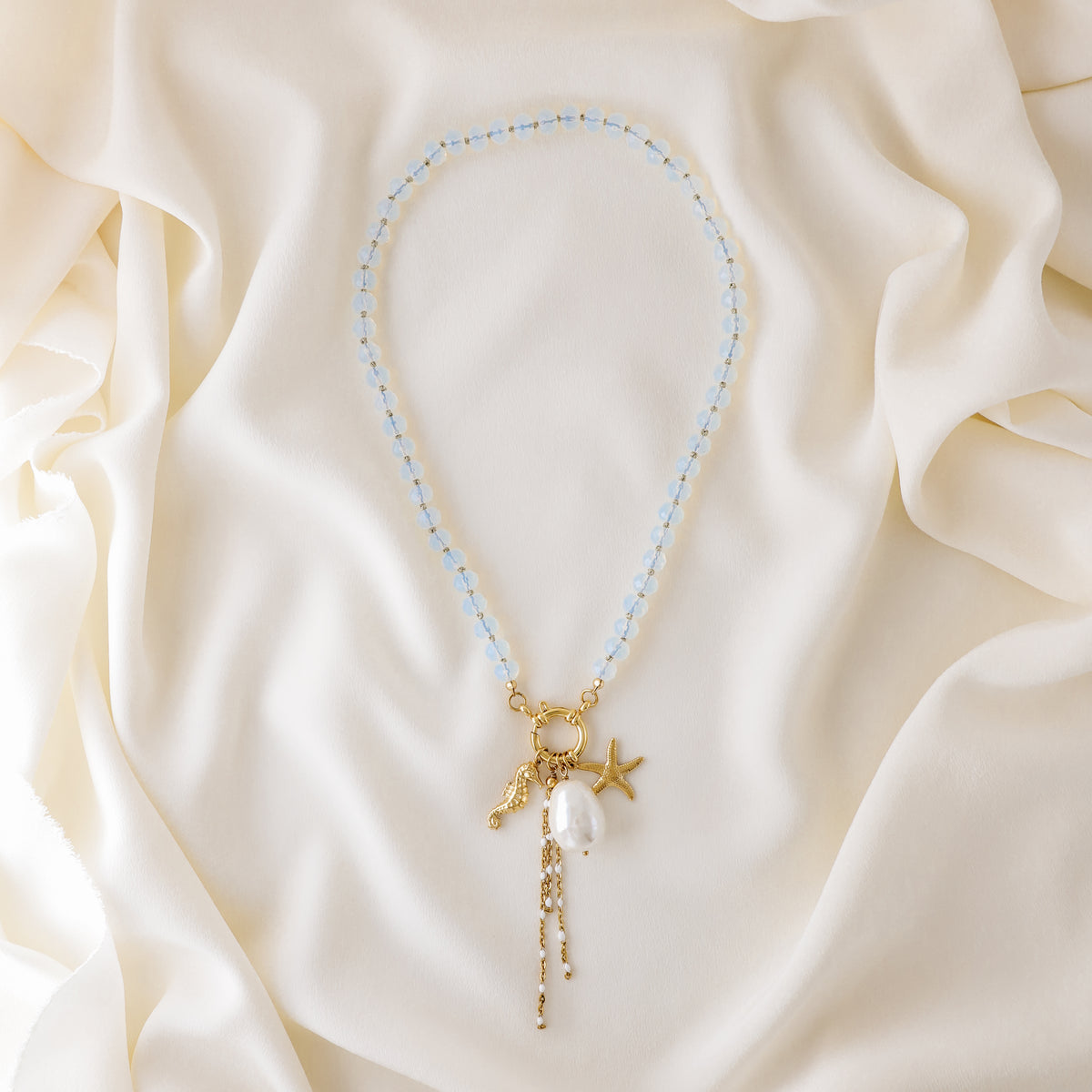 Beaded Multi Charm Baroque Pearl, Gold Seahorse, Starfish Charms necklace, Boho Summer Jewelry