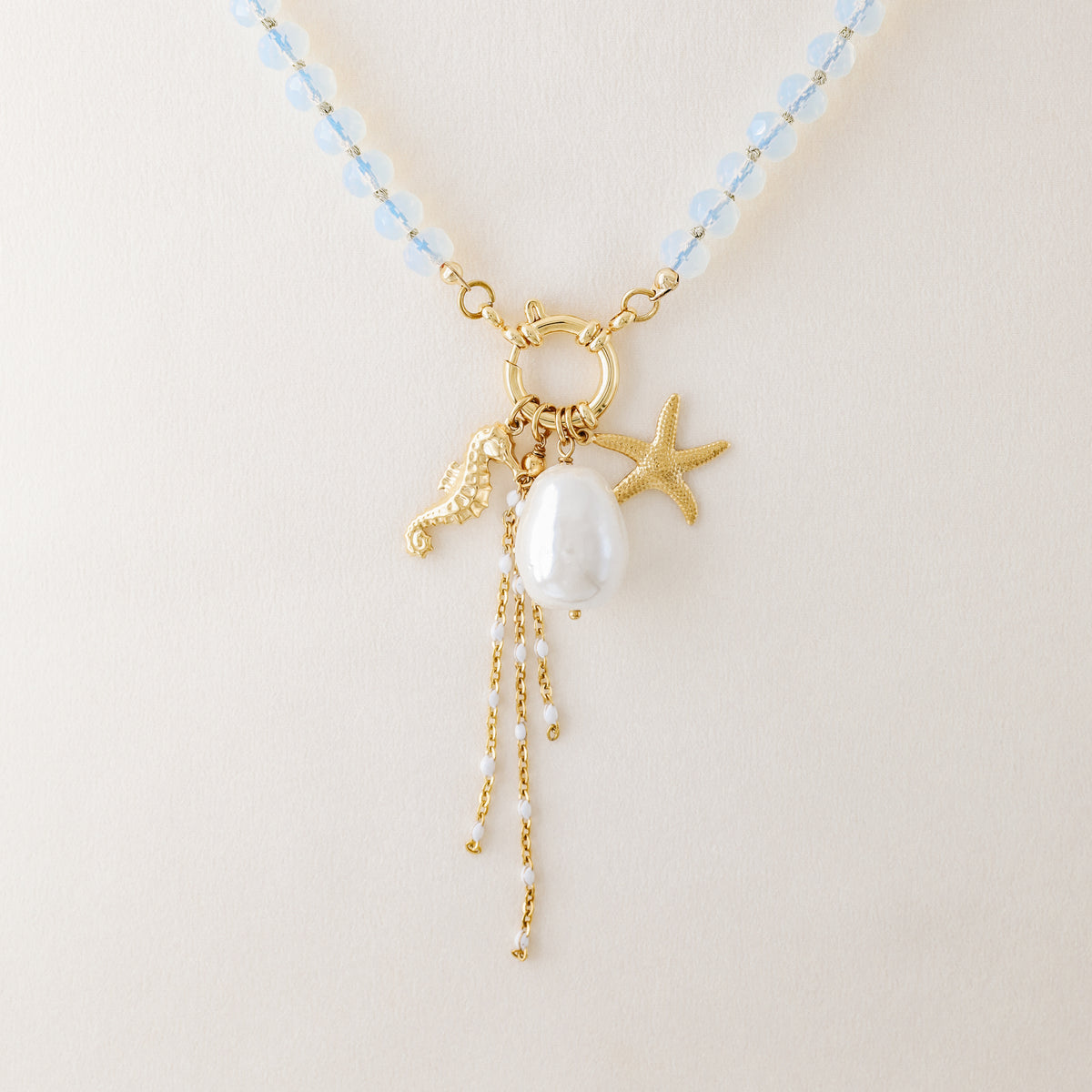 Beaded Multi Charm Baroque Pearl, Gold Seahorse, Starfish Charms necklace, Boho Summer Jewelry