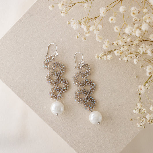 Long Dangle Sparkly Beaded Earrings with Pearl - Gold/Silver/Dove Gray