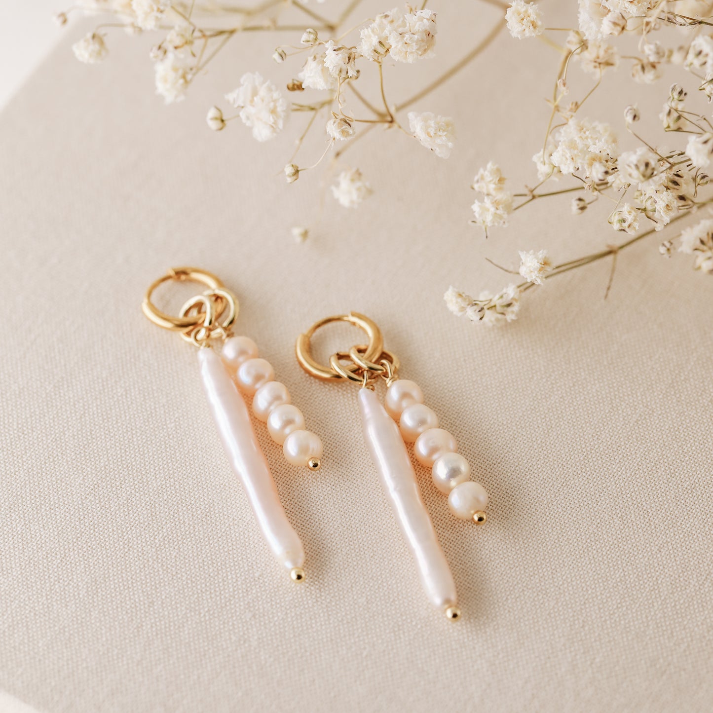 Long Stick & Pearl Cluster Drop Hoop Earrings - 18k Gold Waterproof Stainless Steel