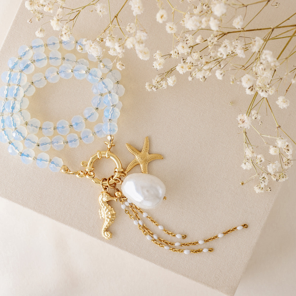 Beaded Multi Charm Baroque Pearl, Gold Seahorse, Starfish Charms necklace, Boho Summer Jewelry