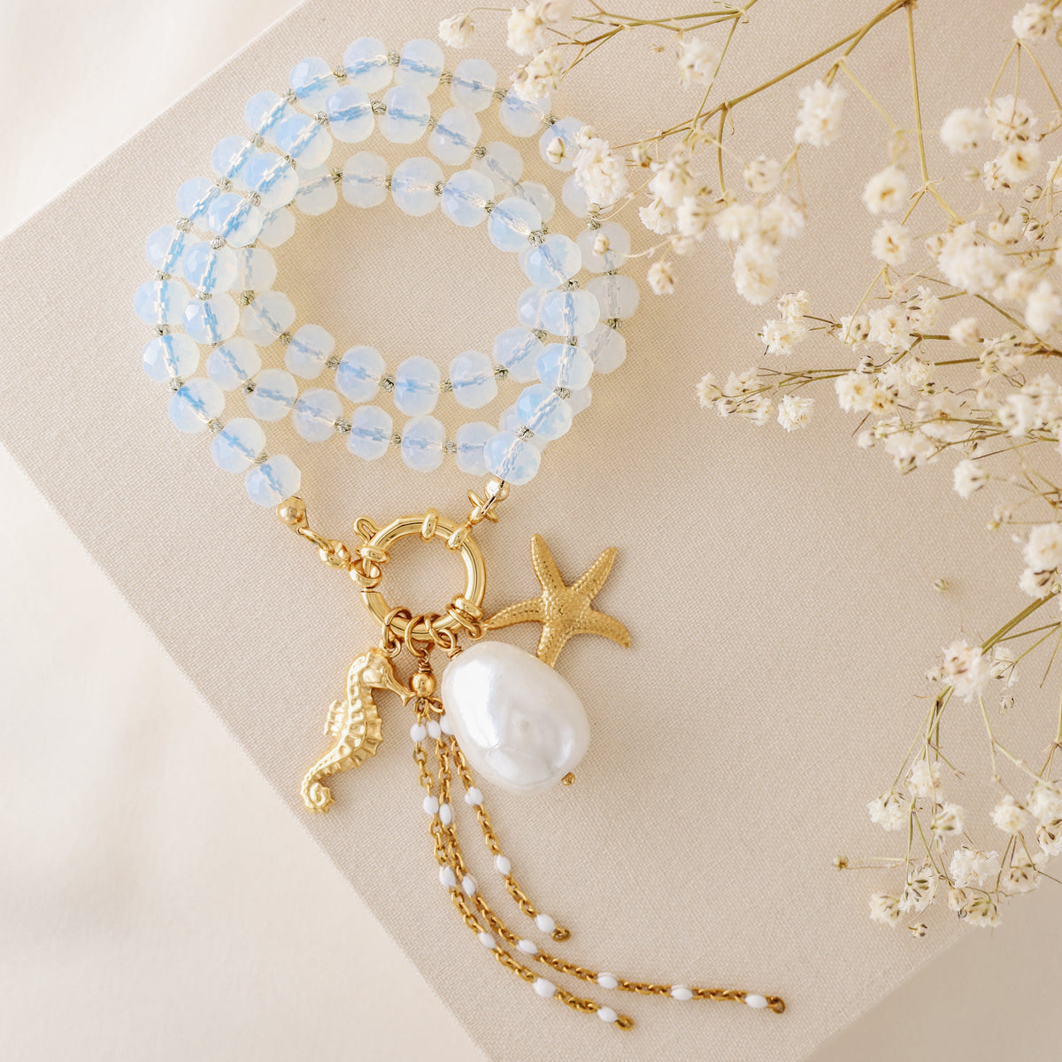 Beaded Multi Charm Baroque Pearl, Gold Seahorse, Starfish Charms necklace, Boho Summer Jewelry