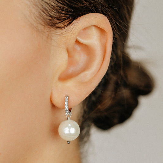 Pearl Earrings, Diamond Pearl Hoop Earrings, Pearl Dangle Earrings, Gold Huggie Earrings, Wedding Earrings, Bridal Earrings