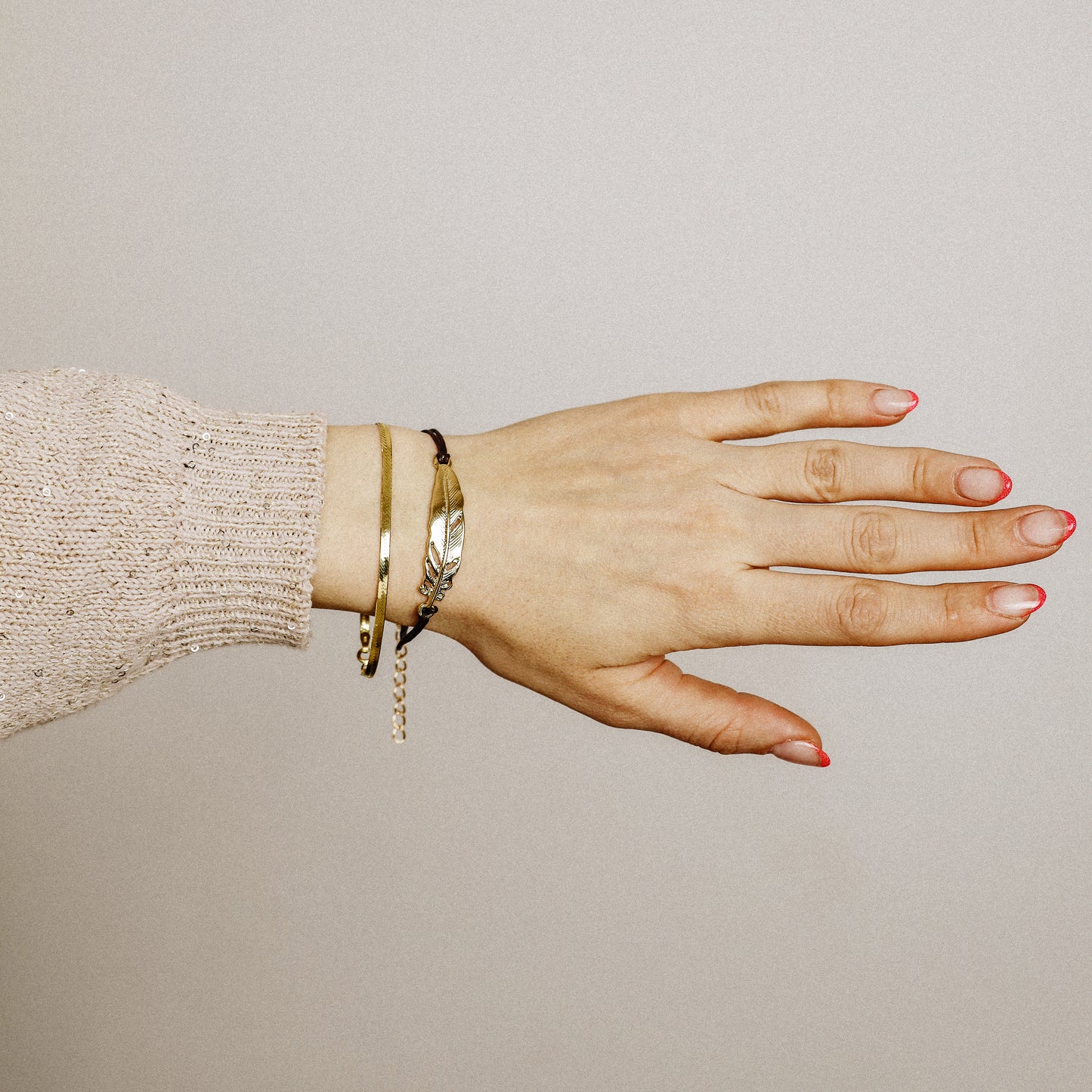 Golden Feather Bracelet with Brown Cord, Handmade Boho Jewelry, BYSDMJEWELS
