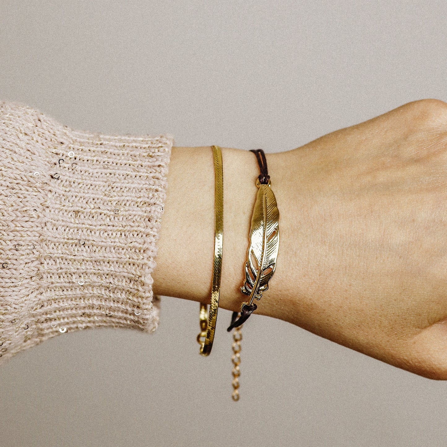 Golden Feather Bracelet with Brown Cord, Handmade Boho Jewelry, BYSDMJEWELS