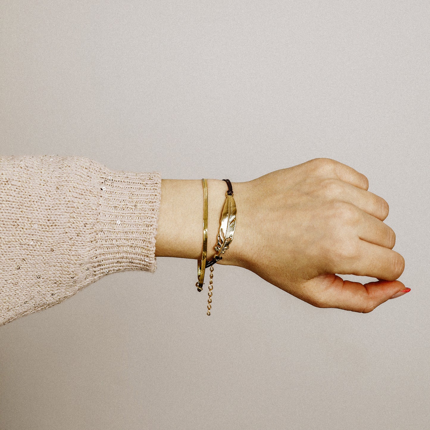 Golden Feather Bracelet with Brown Cord, Handmade Boho Jewelry, BYSDMJEWELS