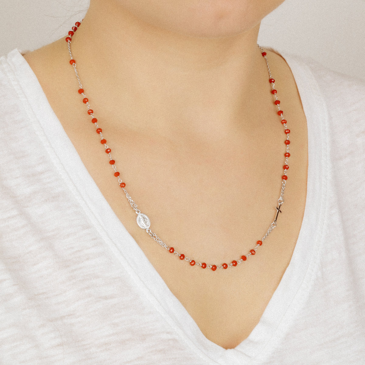 Dainty Red Rosary Necklace: 18K Gold Plated Cross, Sterling Silver