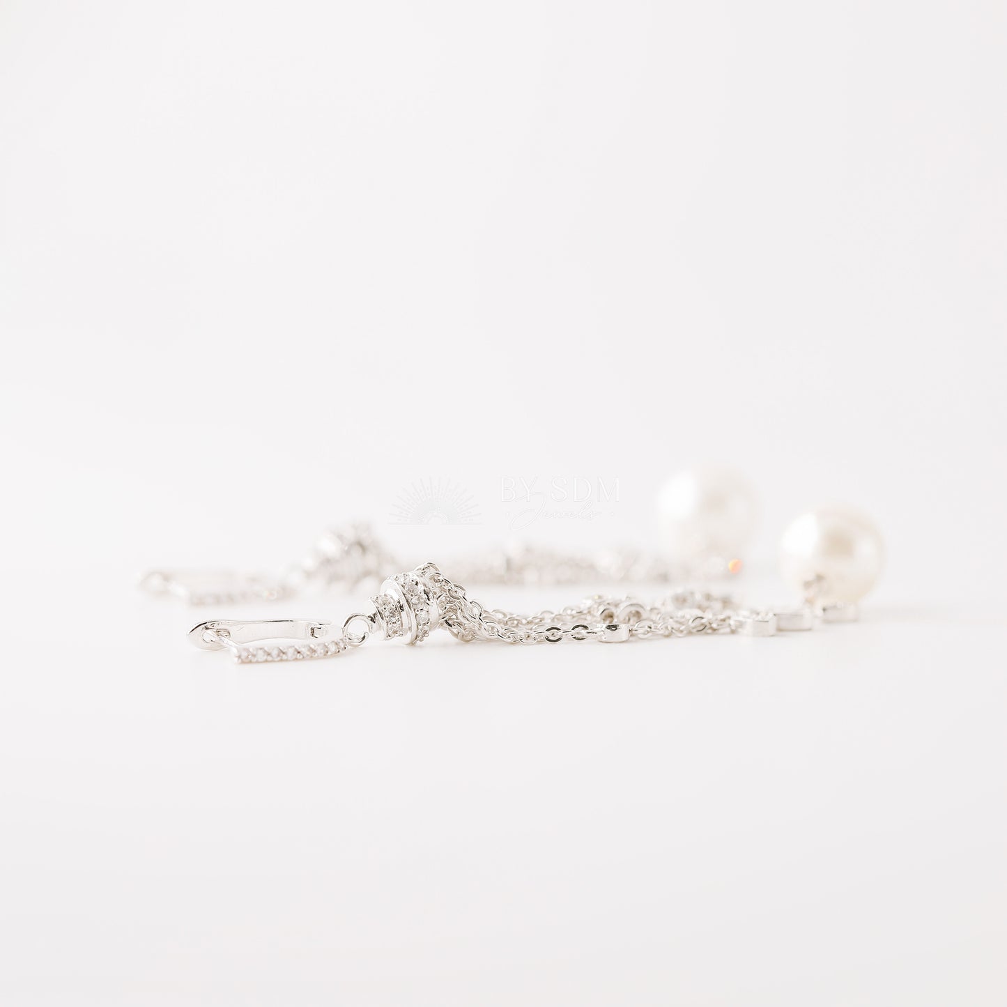Wedding Earrings, Pearl Earrings, Bridal Jewelry, Zirconia Chain Earrings, Chandelier Earrings, BYSDMJEWELS
